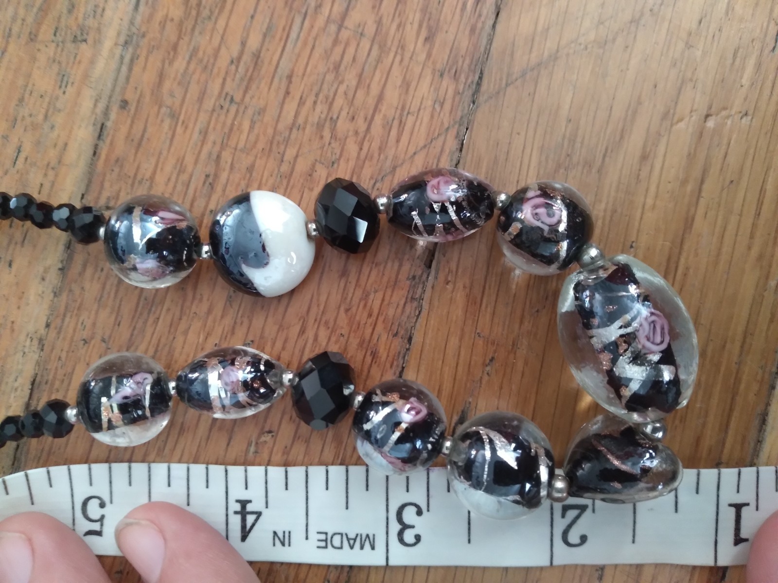 Vintage Foil Glass Rose Beaded Necklace 18 Inches Murano Style