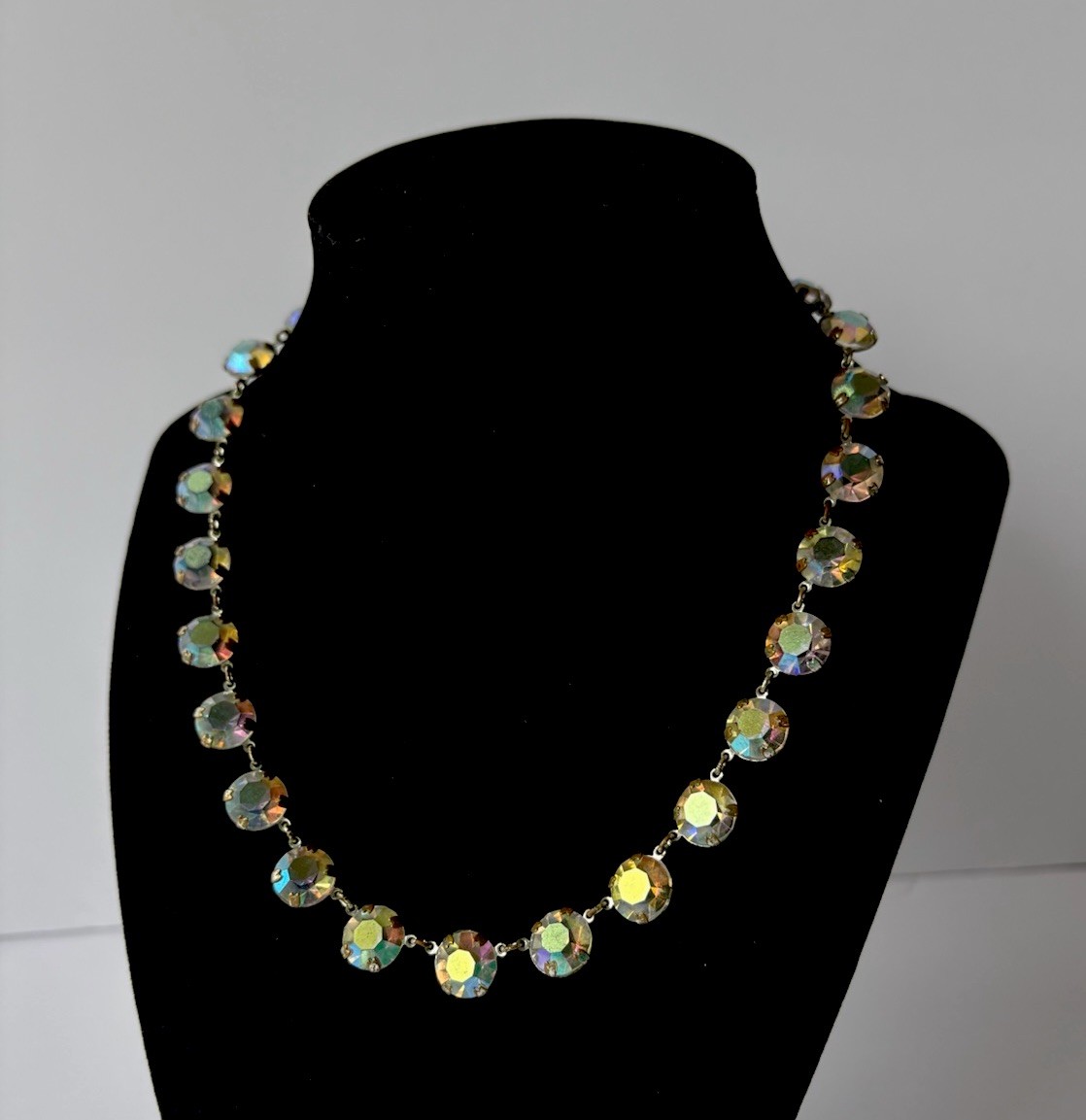 Antique Art Deco Clear Aurora Borealis Crystal Prong Set 15 1/2 inch Necklace