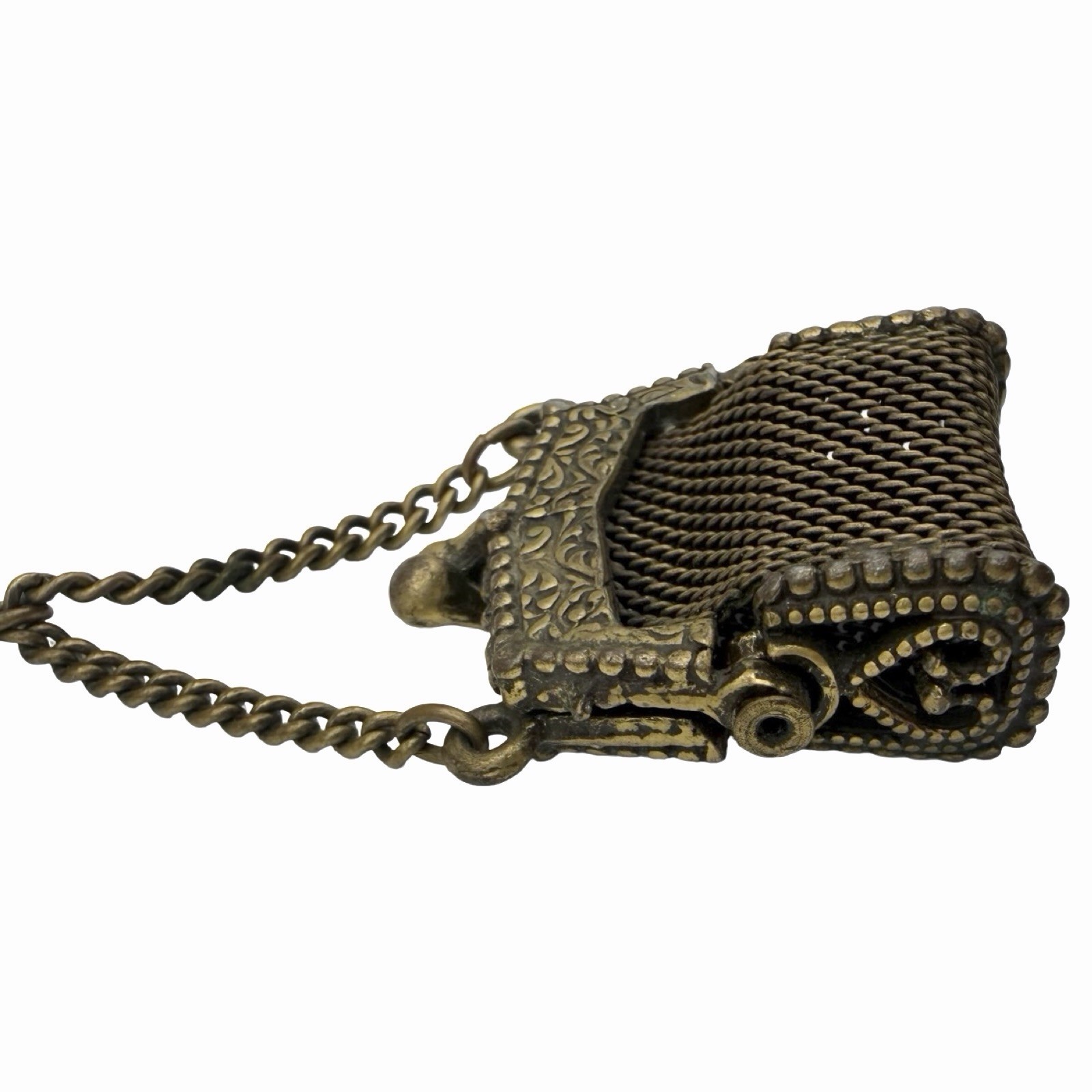 Vintage Fleur de Lis Mesh Coin Purse Brooch Chatelaine Pin Ornate Brass Tone