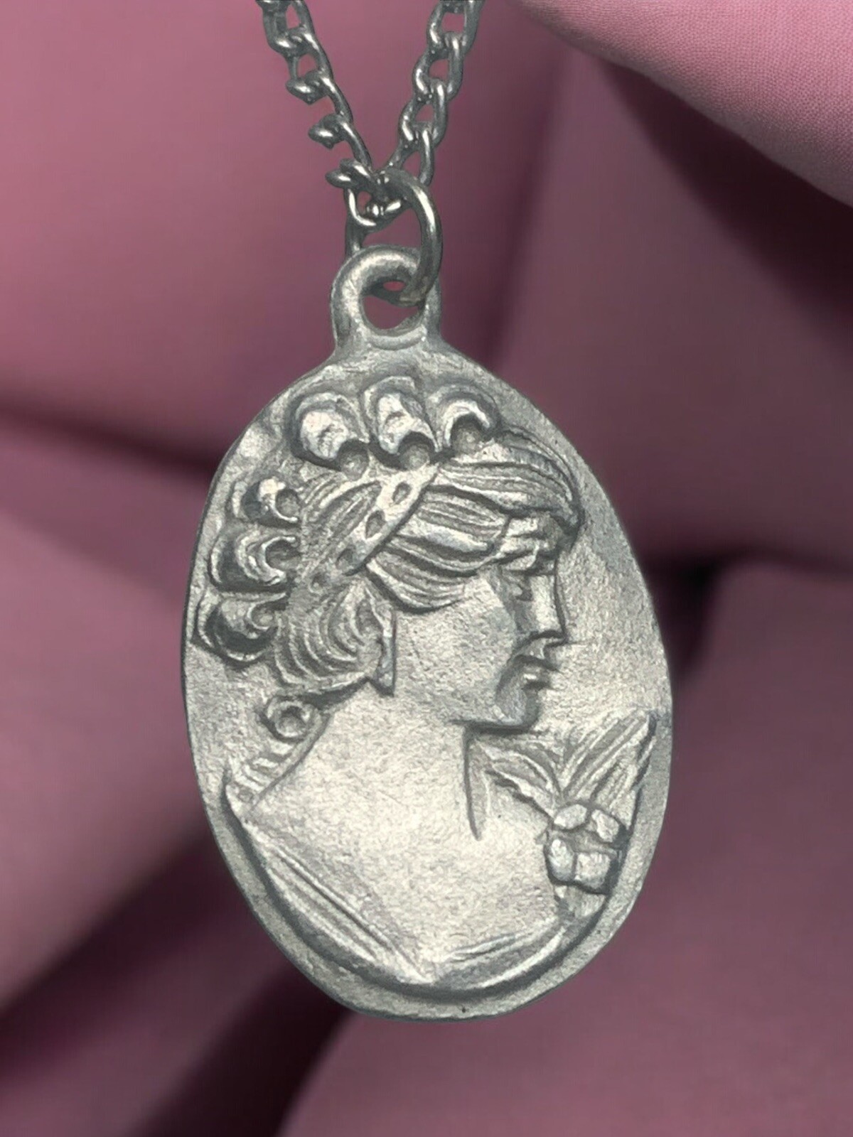Vintage Pewter BDA First Cameo Hand Engraved Pendant Necklace 18”