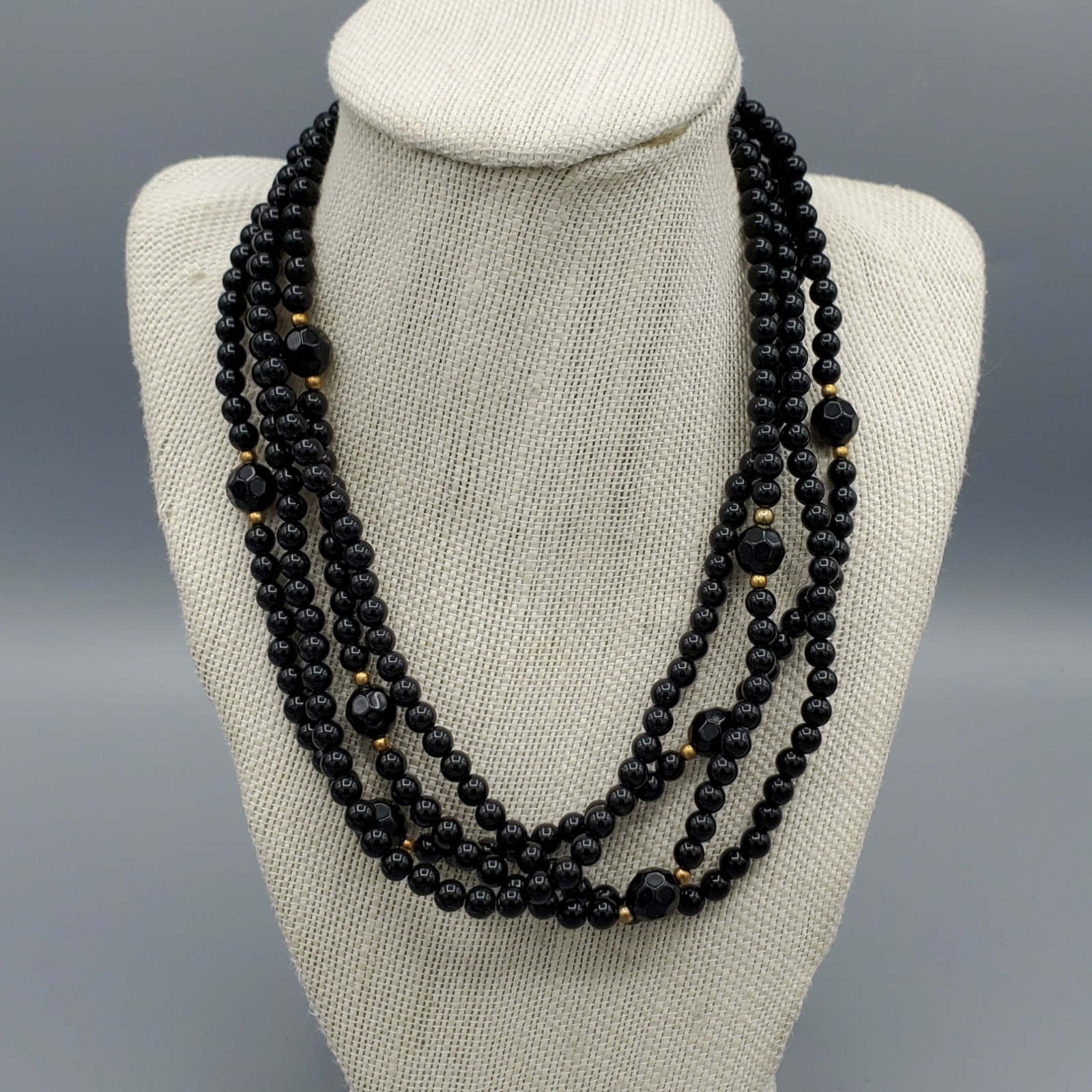 Vintage Black Lucite and Gold Tone Bead Multi Strand Layered Necklace 16″