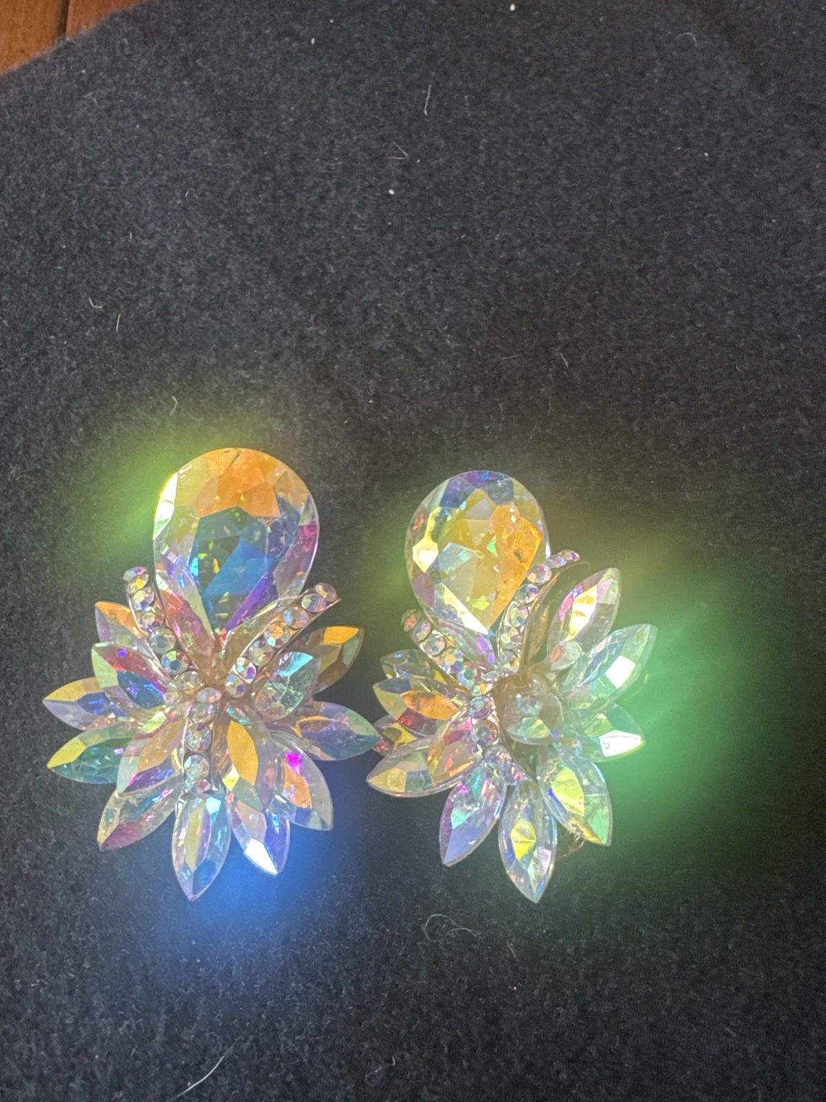 Vintage Aurora Borealis Rhinestone Earrings AB Crystal Floral Unbranded Clip On