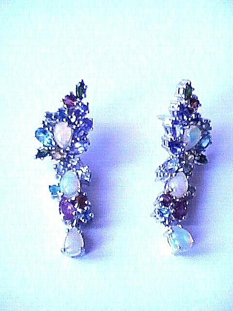 STUNNING! VINTAGE ETHIOPIAN OPAL EMERALD SAPPHIRE GARNET TOPAZ EARRINGS SS 14K