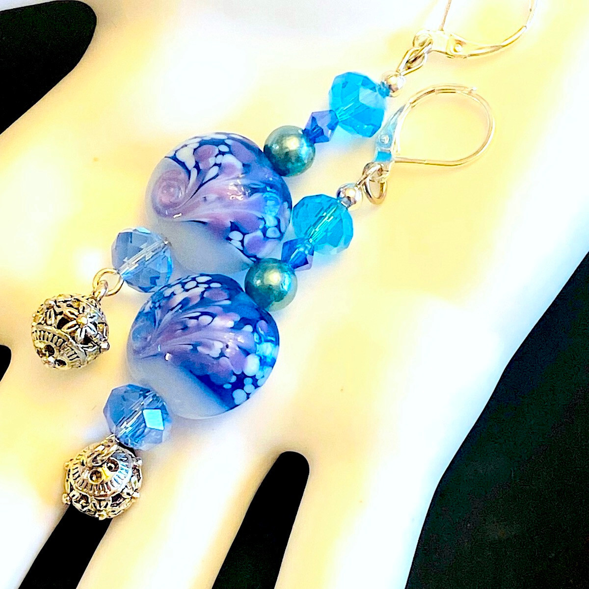 Quality Artist-made EARRINGS Lamp-work Vintage Style Blue Wave Discs STERLING