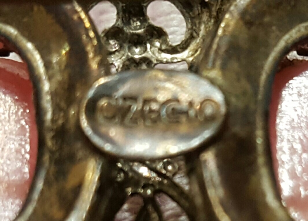 Vintage Jewelry Signed CZECHO BROOCH PIN Pink Stones Silvertone