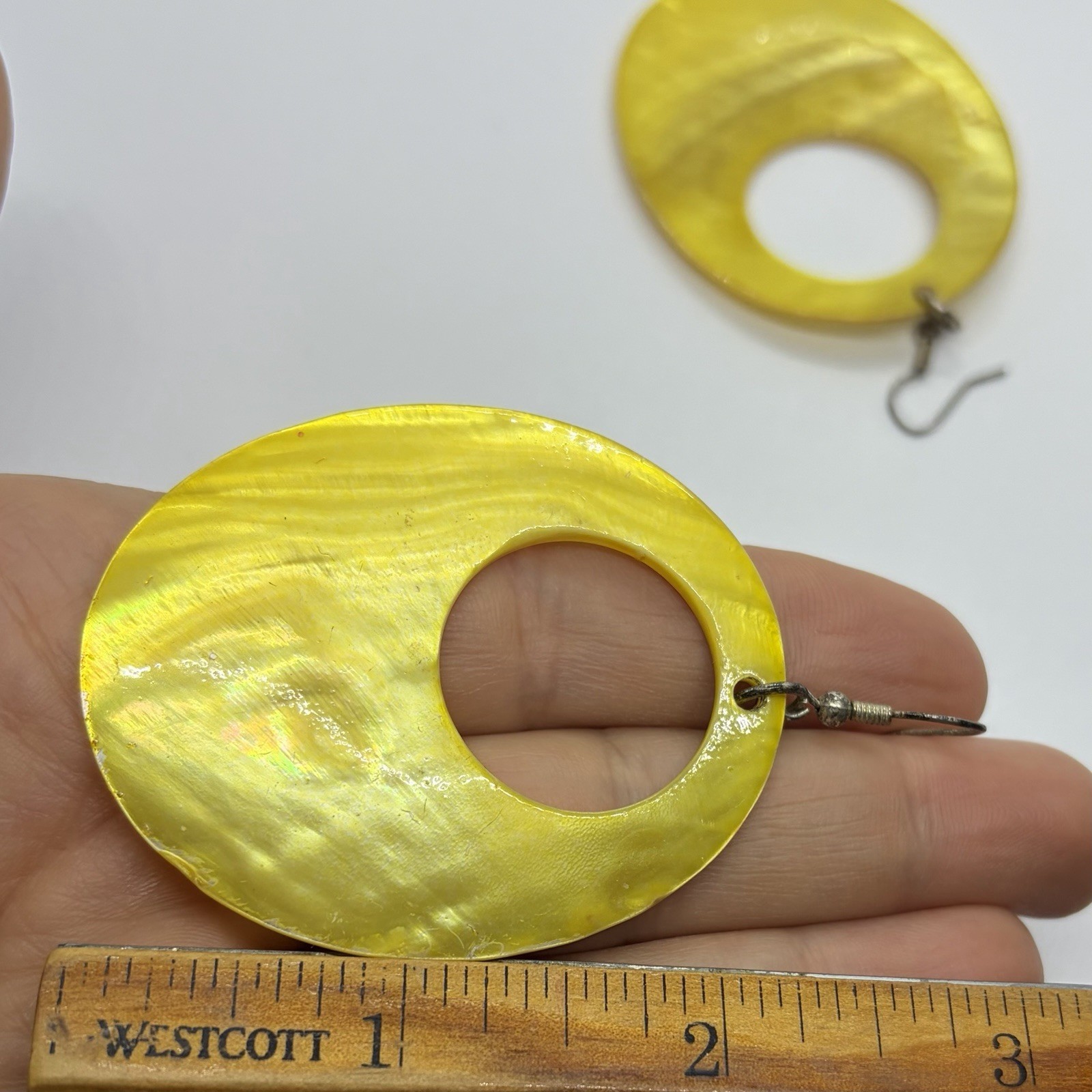 Vtg XL Yellow MOP Hoop Statement Dangle Drop Earrings Hook Large Runway Big