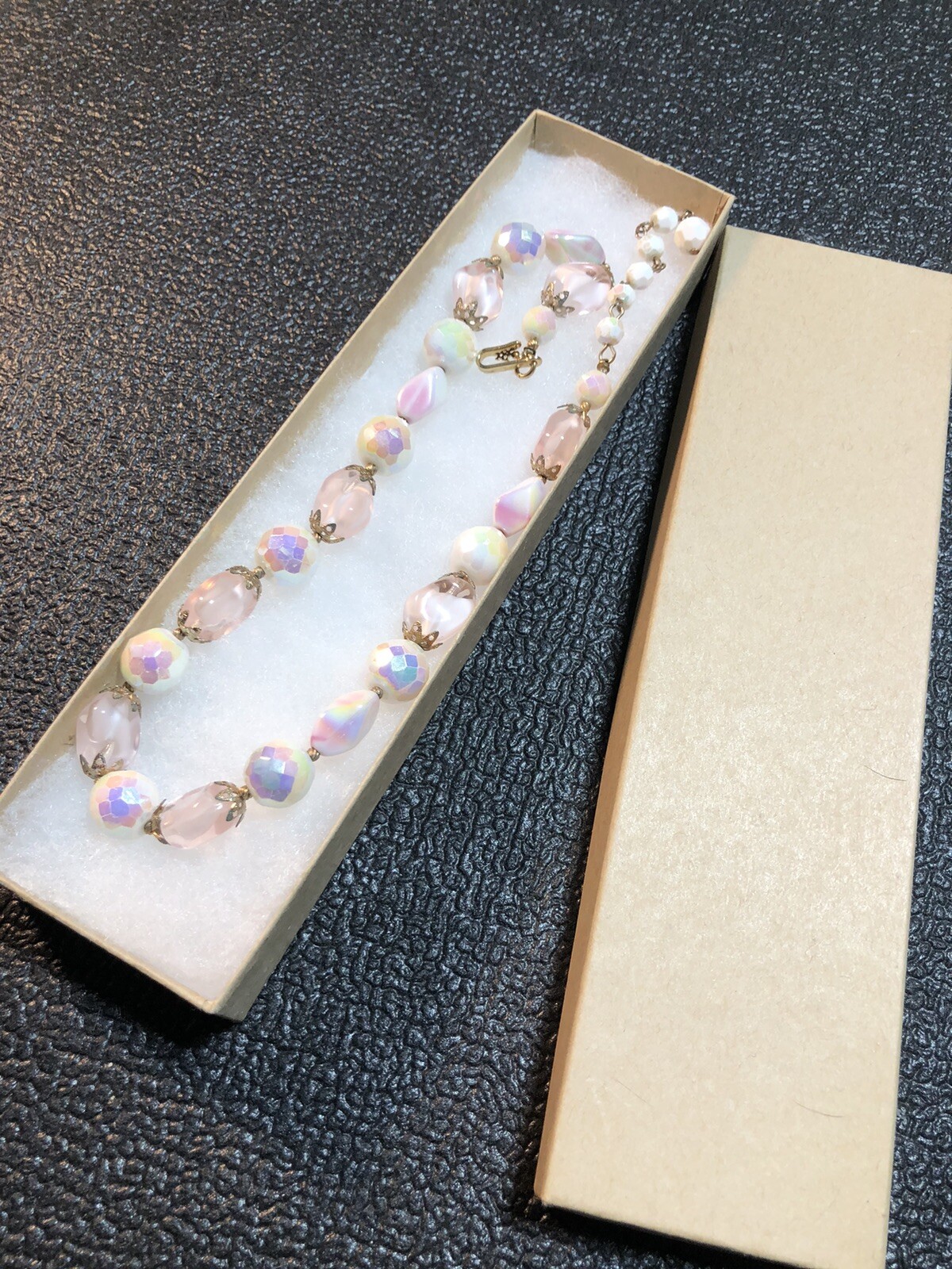 VTG Costume Jewelry Signed TRIFARI Charm,MOP Pinks,Purples,Greens Necklace 17.5”