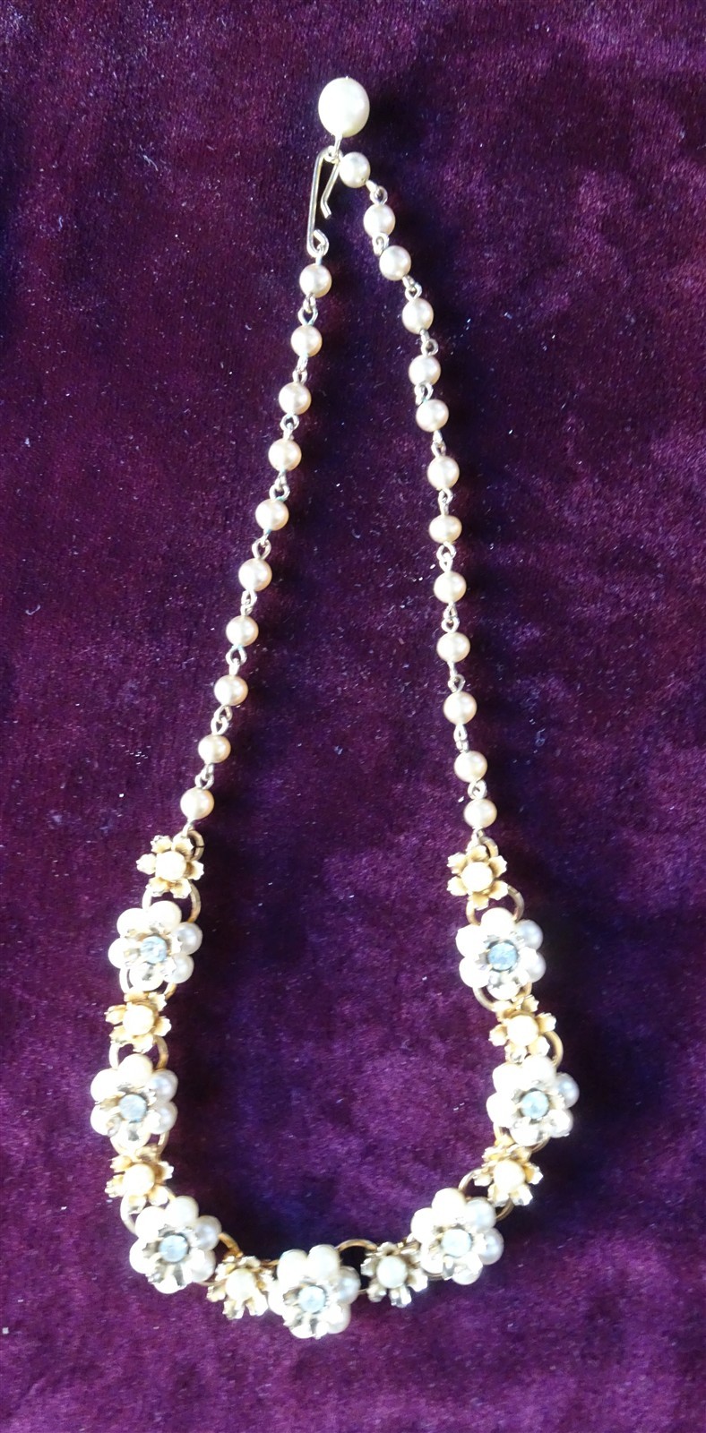 Vintage Gold Tone Necklace with Faux Pearl & Diamond Flowers, Ball & Hook Clasp