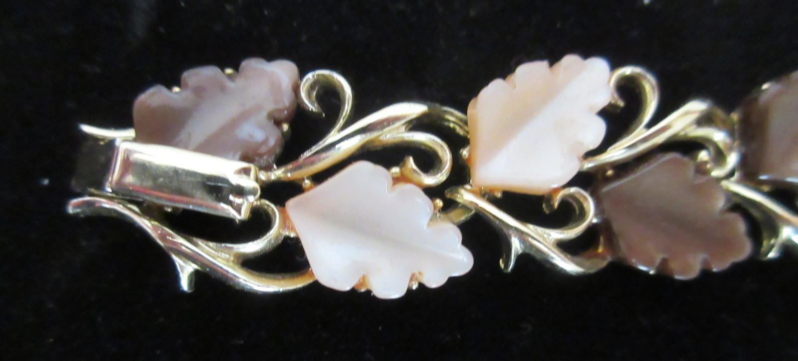 Vintage Gold Tone Bracelet with Moonglow Lucite Leaves, Brown and Tan, 1950-’60s