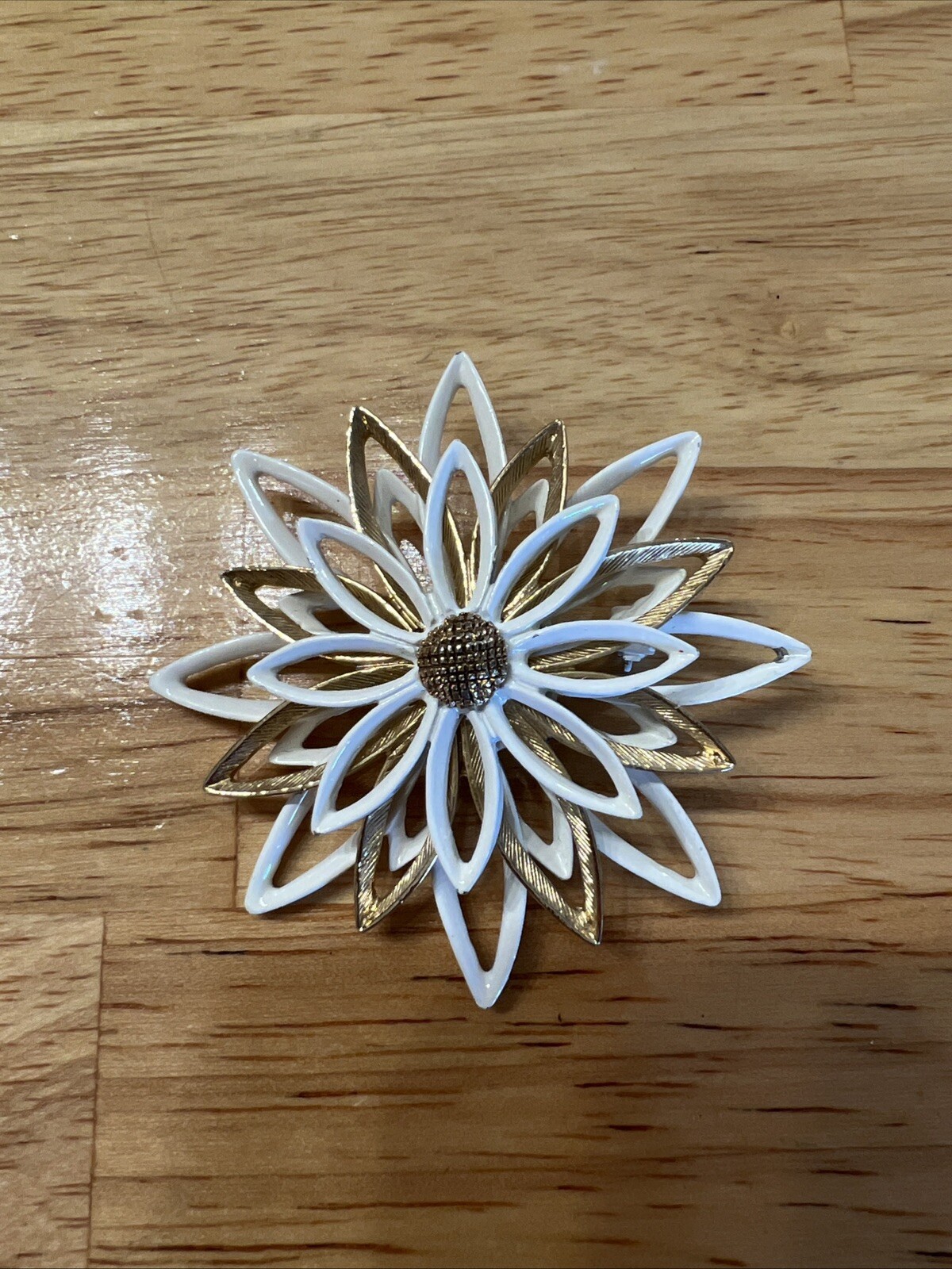 Flower Brooch Vintage Gold And White Enamel On Metal Flower Pin Signed Art