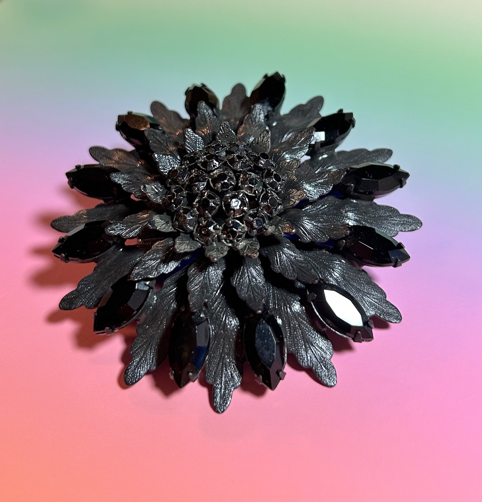 Vintage La Roco Large Rhinestone Flower Brooch Gunmetal Gray & Black 2.75”