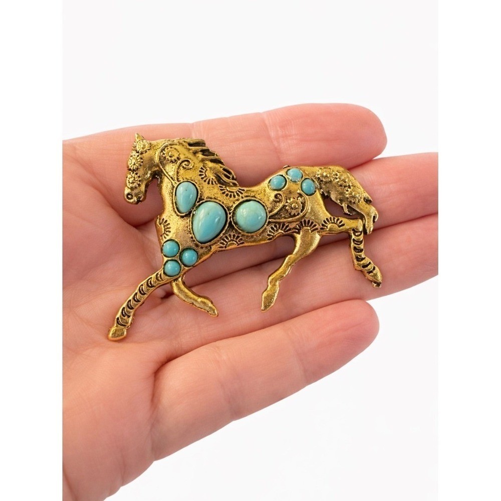 Gold Tone Horse Brooch Turquoise Cabochon Stones Vintage Style Equestrian Pin