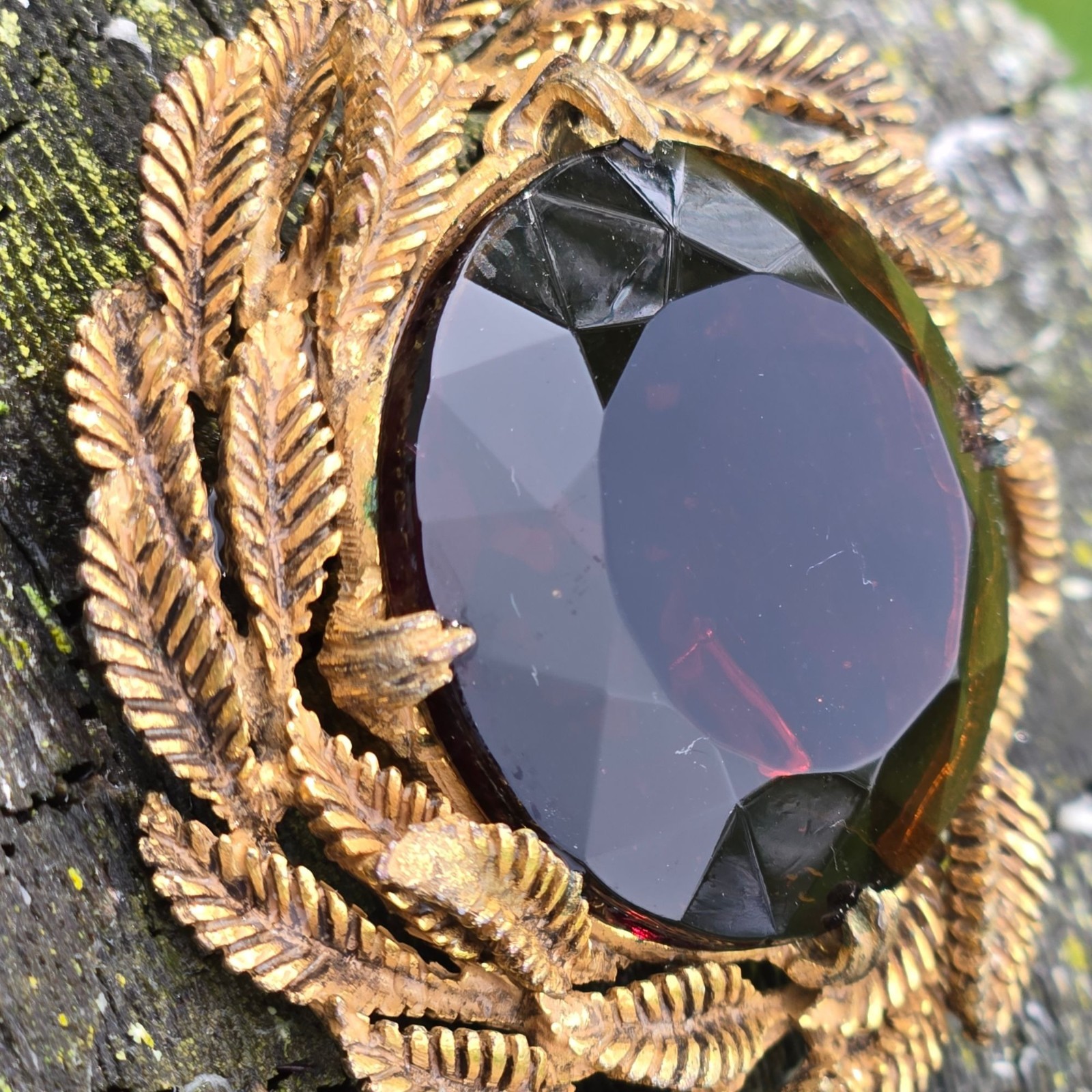 Vintage Amber Glass Brooch Gold Tone Botanical Fern Statement Pin boho Jewelry