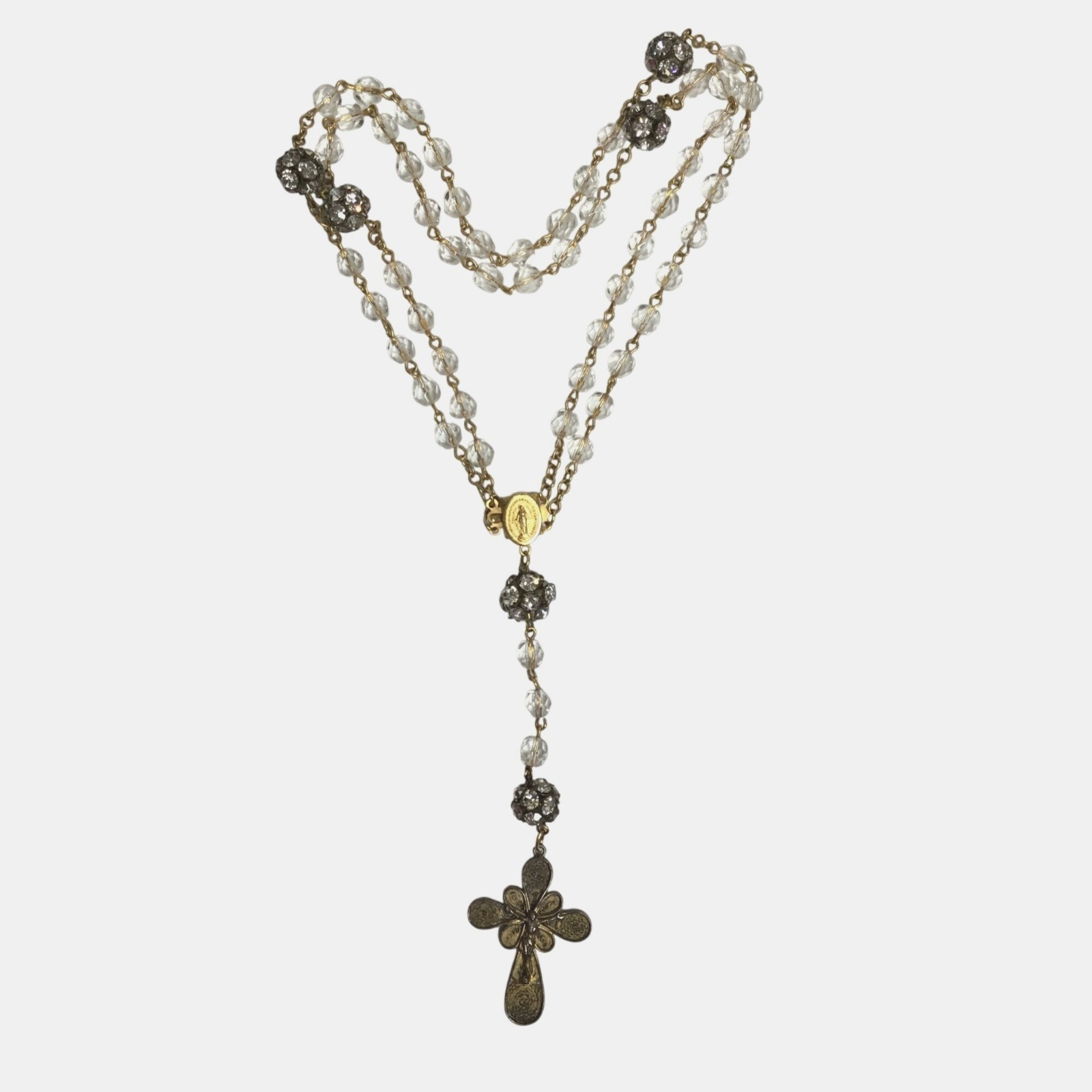 VTG Double Strand Crystal Bead Rosary Bracelet Necklace Cross Pendant Gold Tone