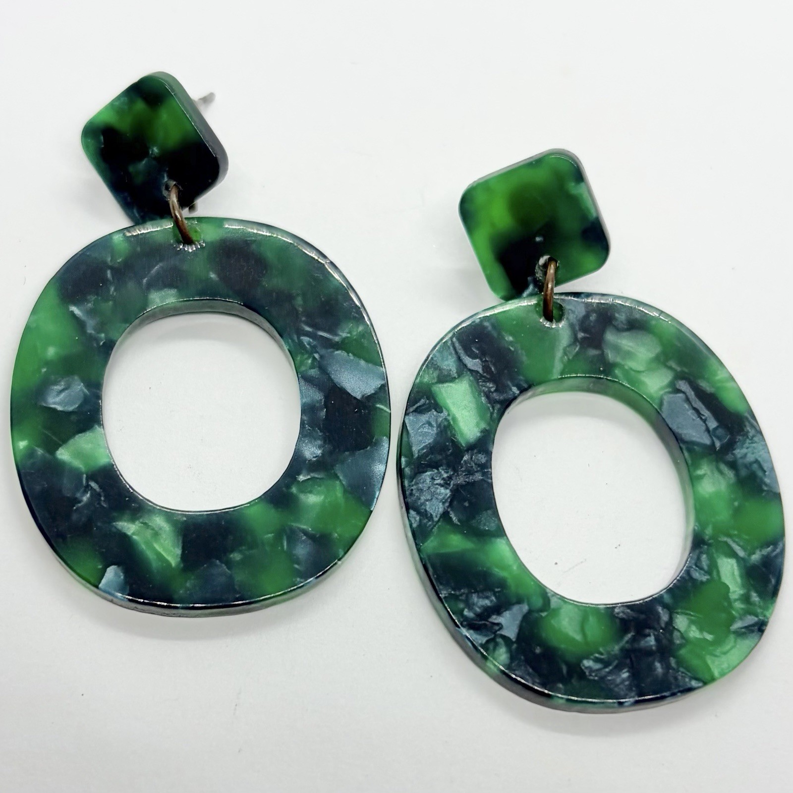 Vtg Big Green Resin Hoop Door Knocker Statement Earrings Post Dangle Drop Large