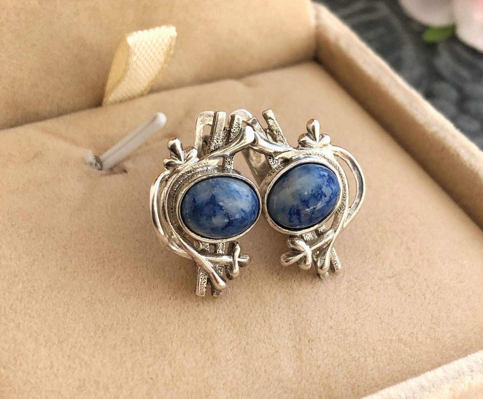 Estate Vintage Soviet Earrings Sterling Silver 925 Lapis Lazuli Jewelry USSR