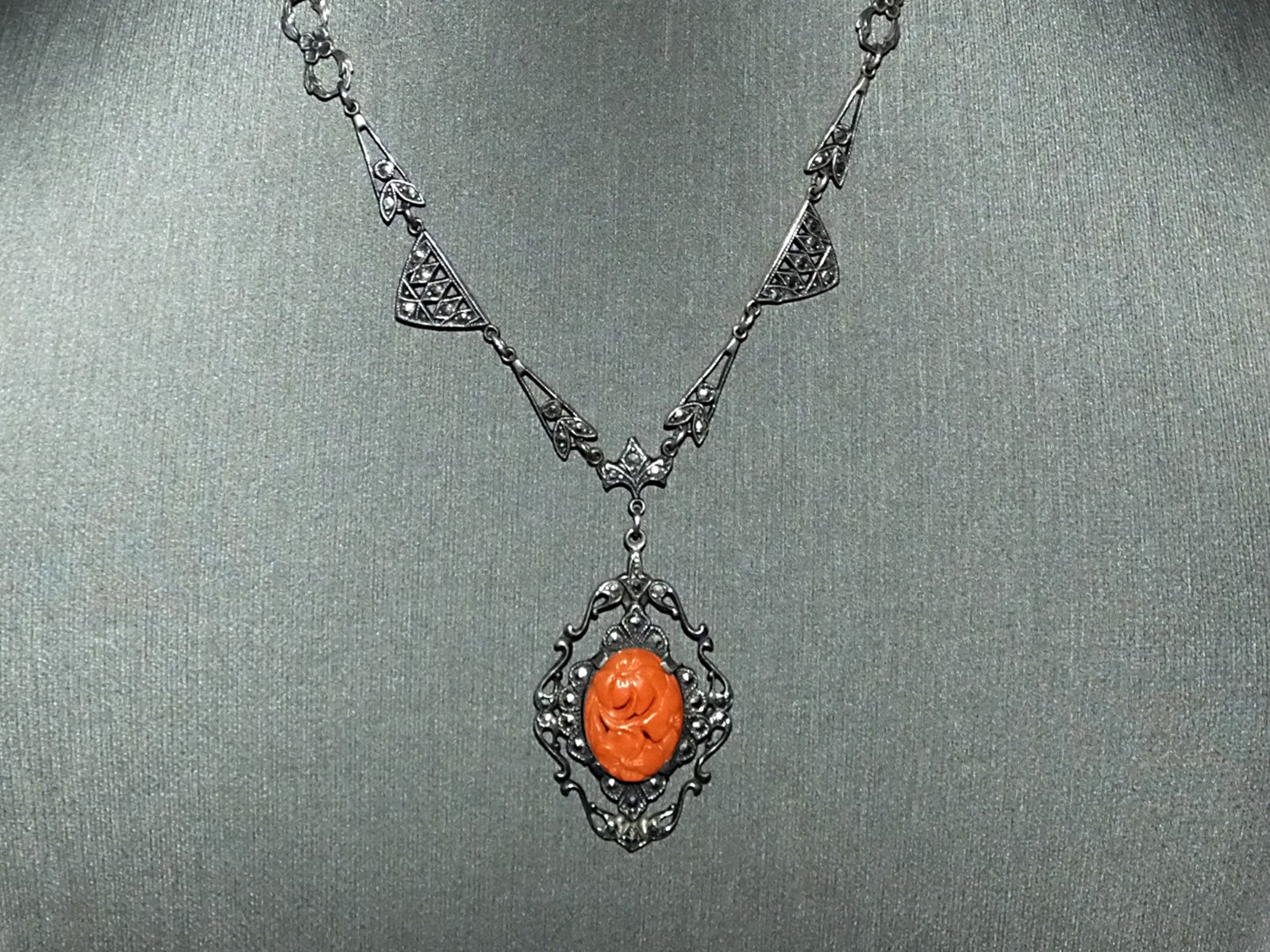 Antique Edwardian Art Deco Floral Carved Faux Coral Marcasite Sterling Necklace
