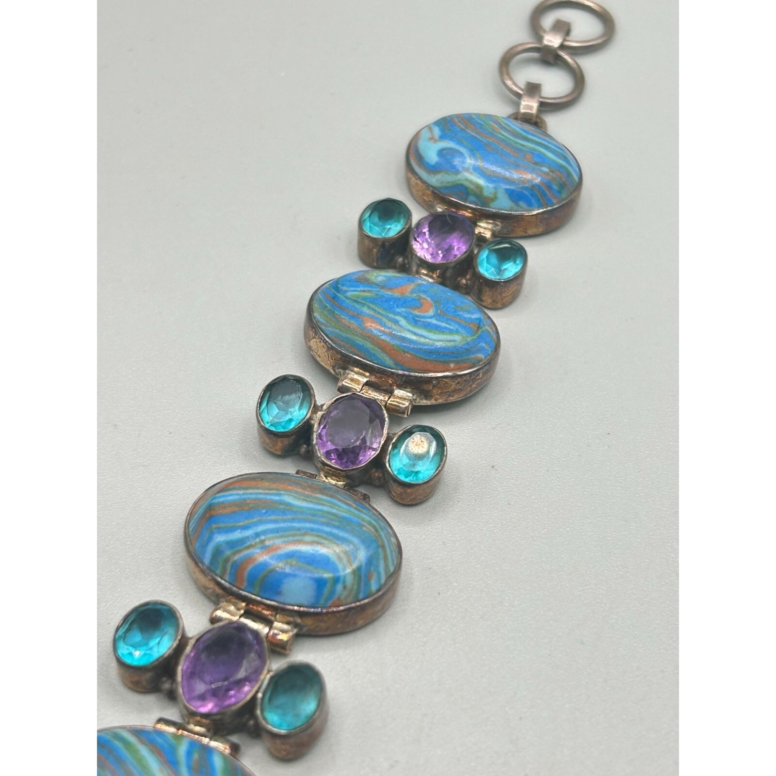 Colorful Purple and Blue Sterling Silver 925 Semi Precious Stones Bracelet 8″