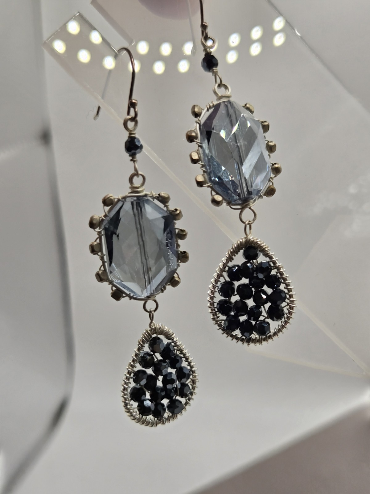 Silver Beaded Blue Aquamarine dangle Earrings Wire Wrapped Faceted Crystals