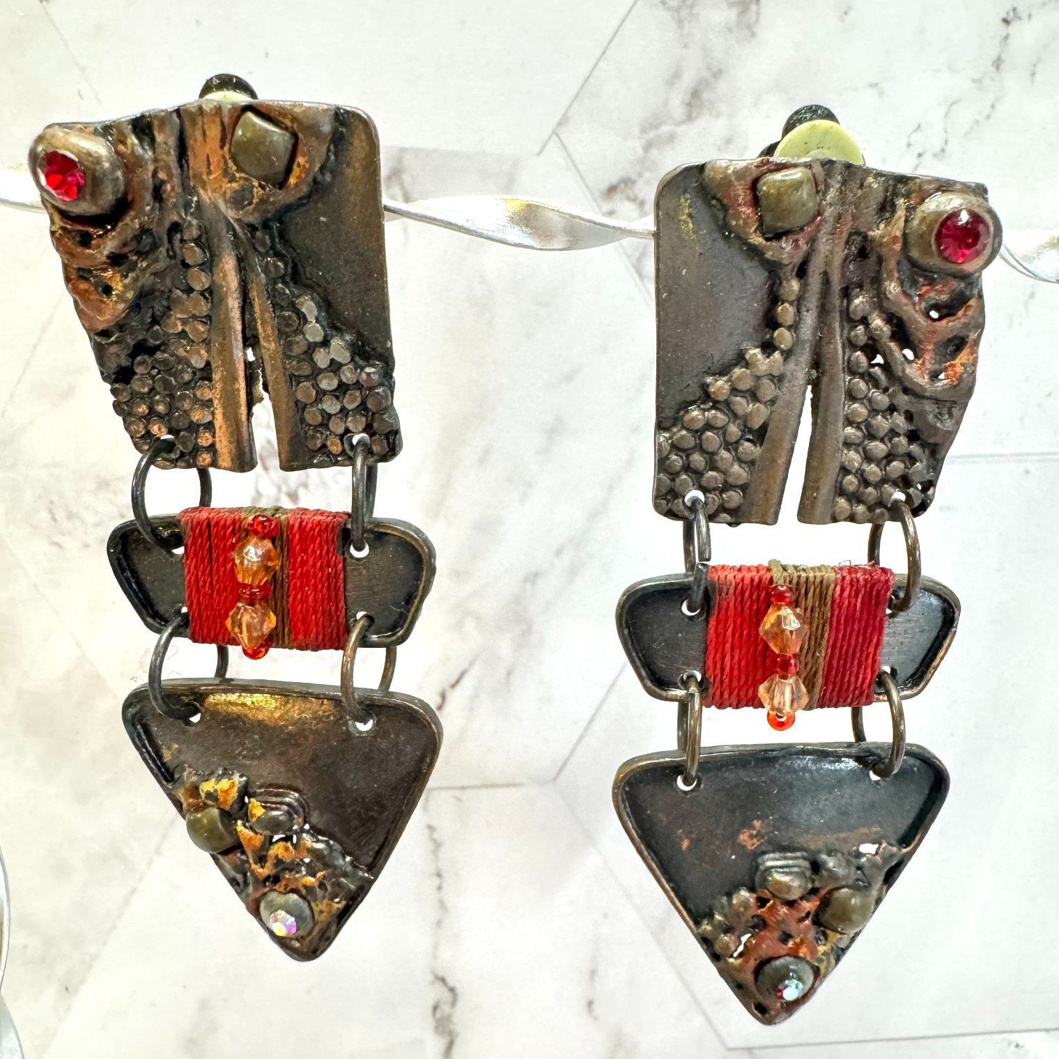 Vintage Brutalist Earrings Dangle Mixed Metal Material Rhinestone Gunmetal Tone