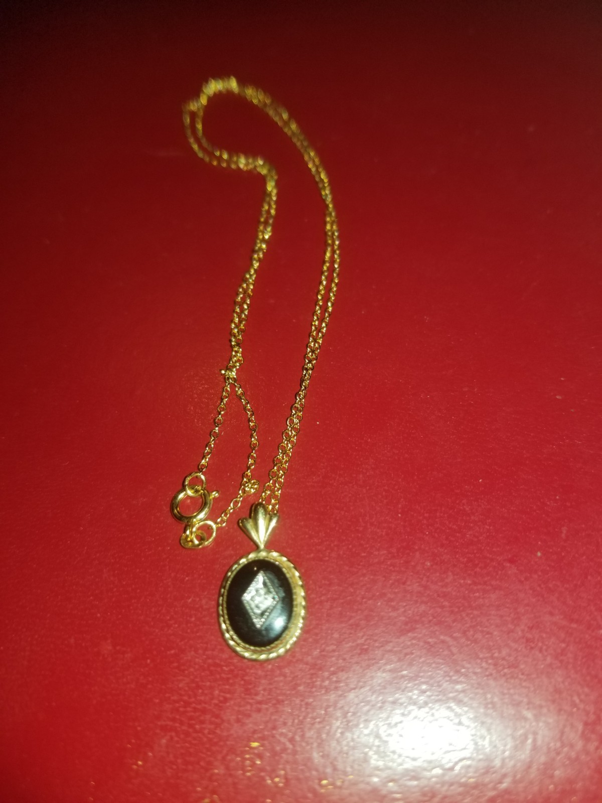 Antique Victorian Onyx And Diamond? Mourning 14k Gold Filled Pendant Necklace