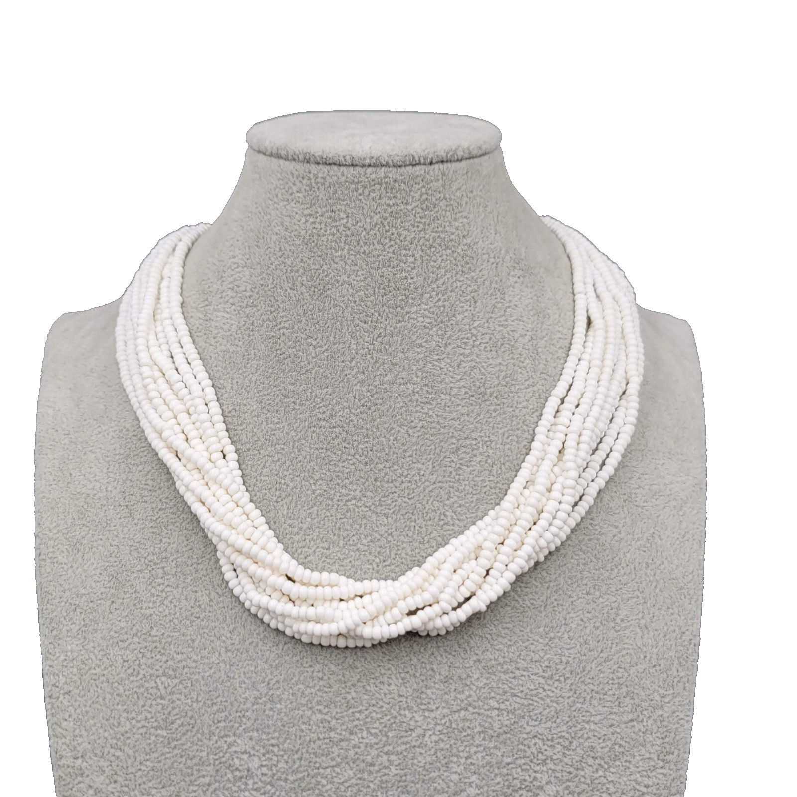 Vintage 10 Strand White Seed Bead Necklace Layered Statement 16 in