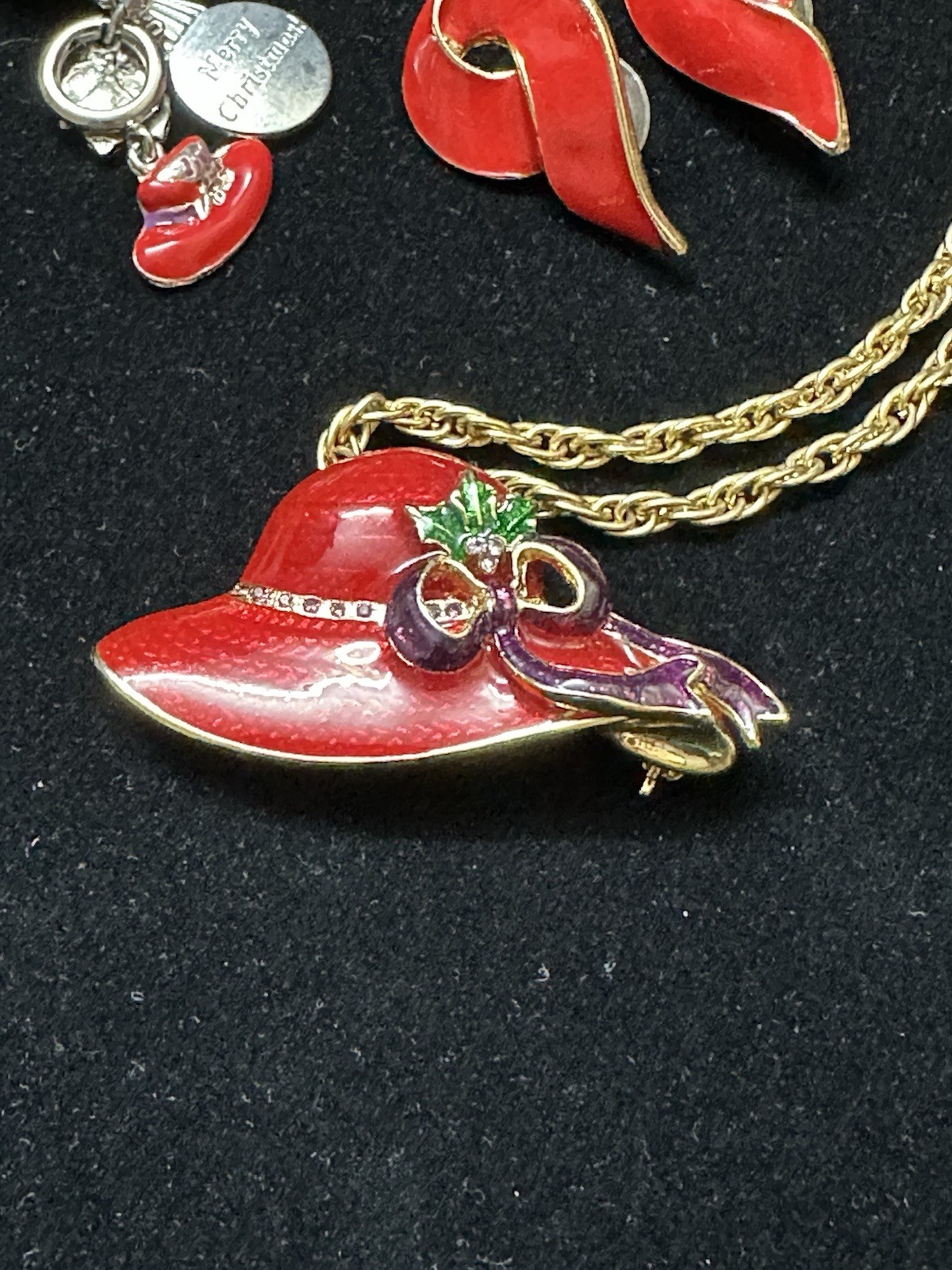 Red Hat Society Red Enamel Brooch Pendant Necklace Earrings Bracelet Hat Charms