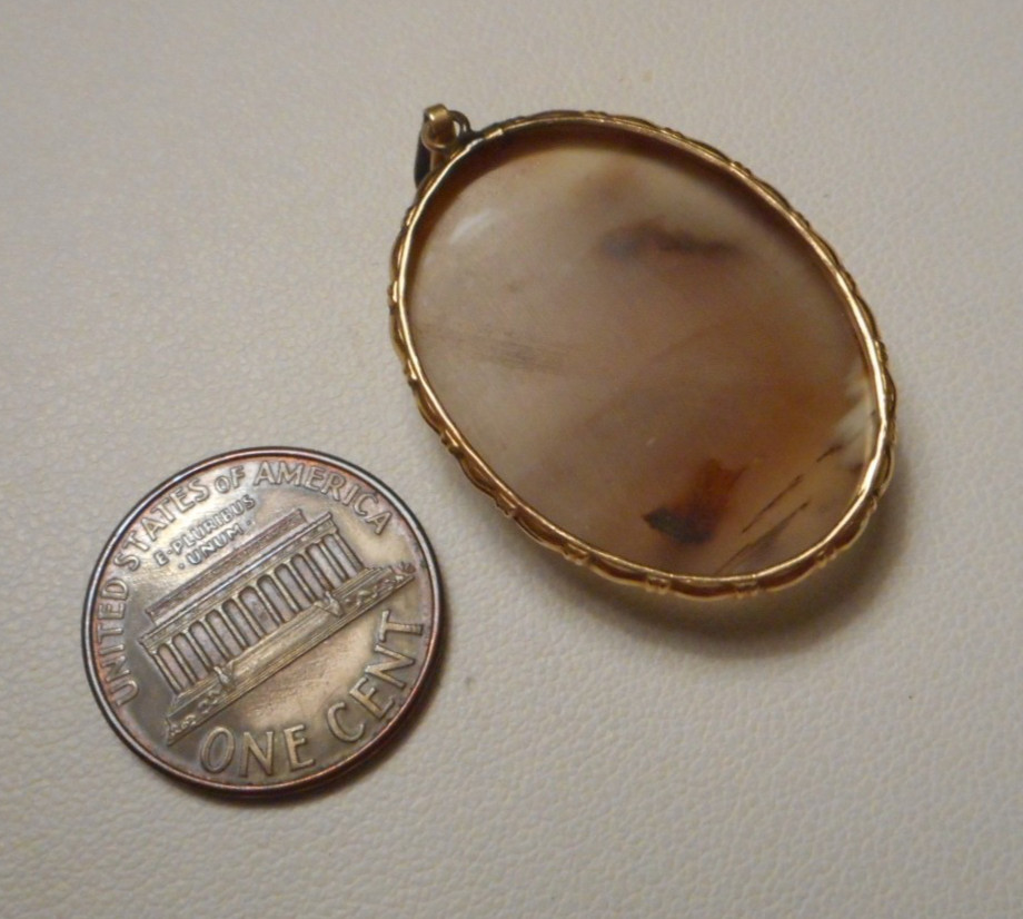 Vintage Gold-Filled Oval Pendant w Mottled Tan White Brown Agate Cabochon