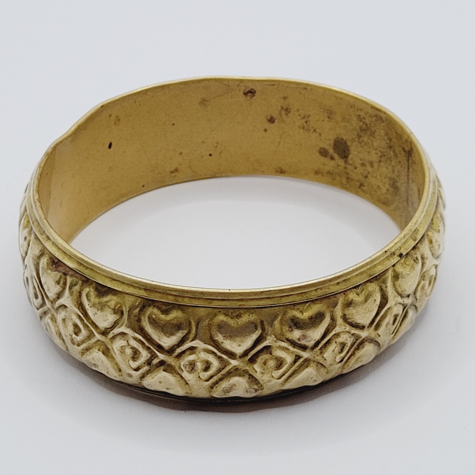 Wide Brass Chunky Bangle Embossed Heart Pattern Vintage Bracelet 8 Inch Approx