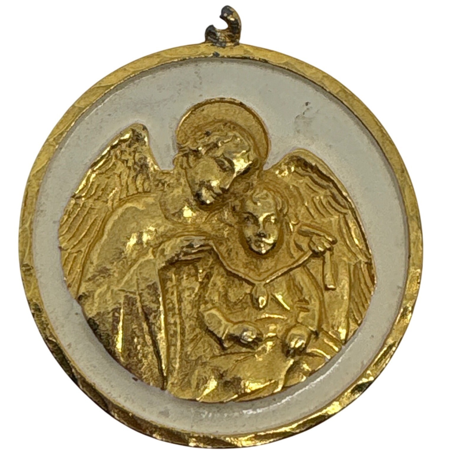 Vintage Angel Guardian Child Gold Tone Religious Medal Pendant Charm Heavy *read