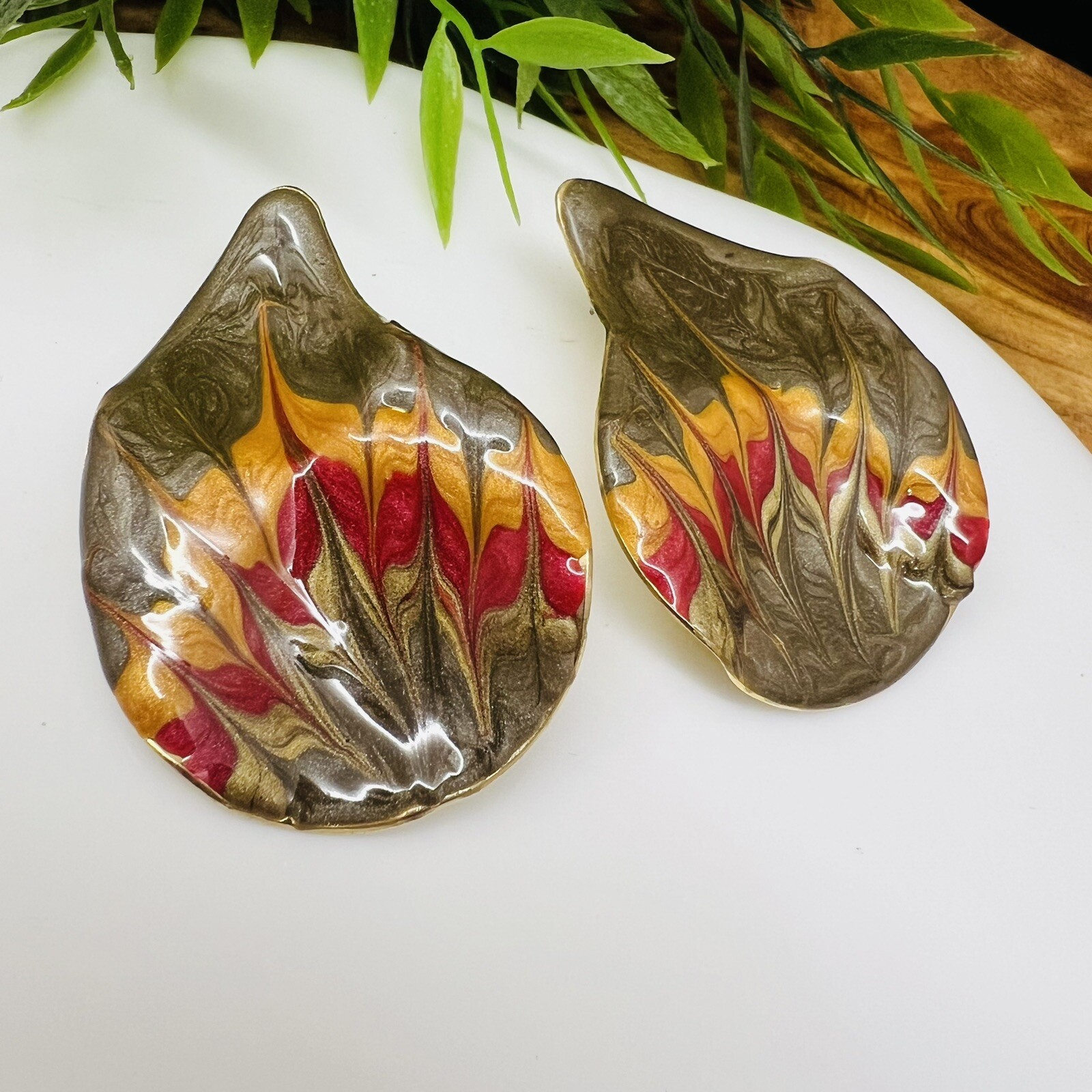 Vintage Huge Earrings Enamel Abstract Gold Green Red Yellow Flame Oversized 4001