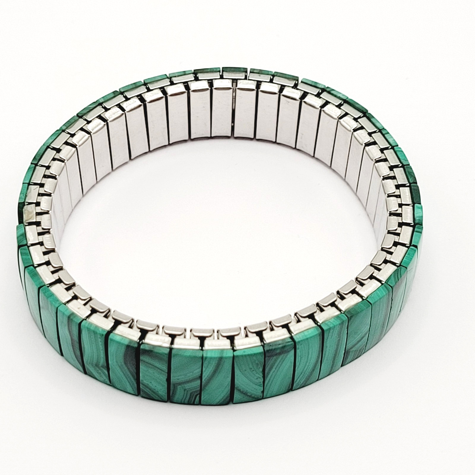 Malachite Stone Green Veneer Panel Stainless Steel Expanding Vintage Bracelet