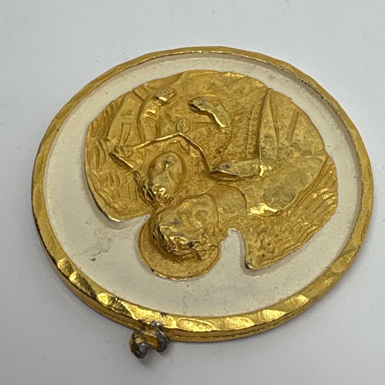 Vintage Angel Guardian Child Gold Tone Religious Medal Pendant Charm Heavy *read