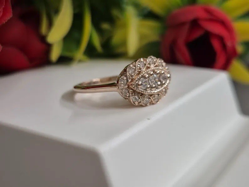 Vintage Round Cut Moissanite Cluster Ring Art Deco Style Gold FN Elegant Jewelry