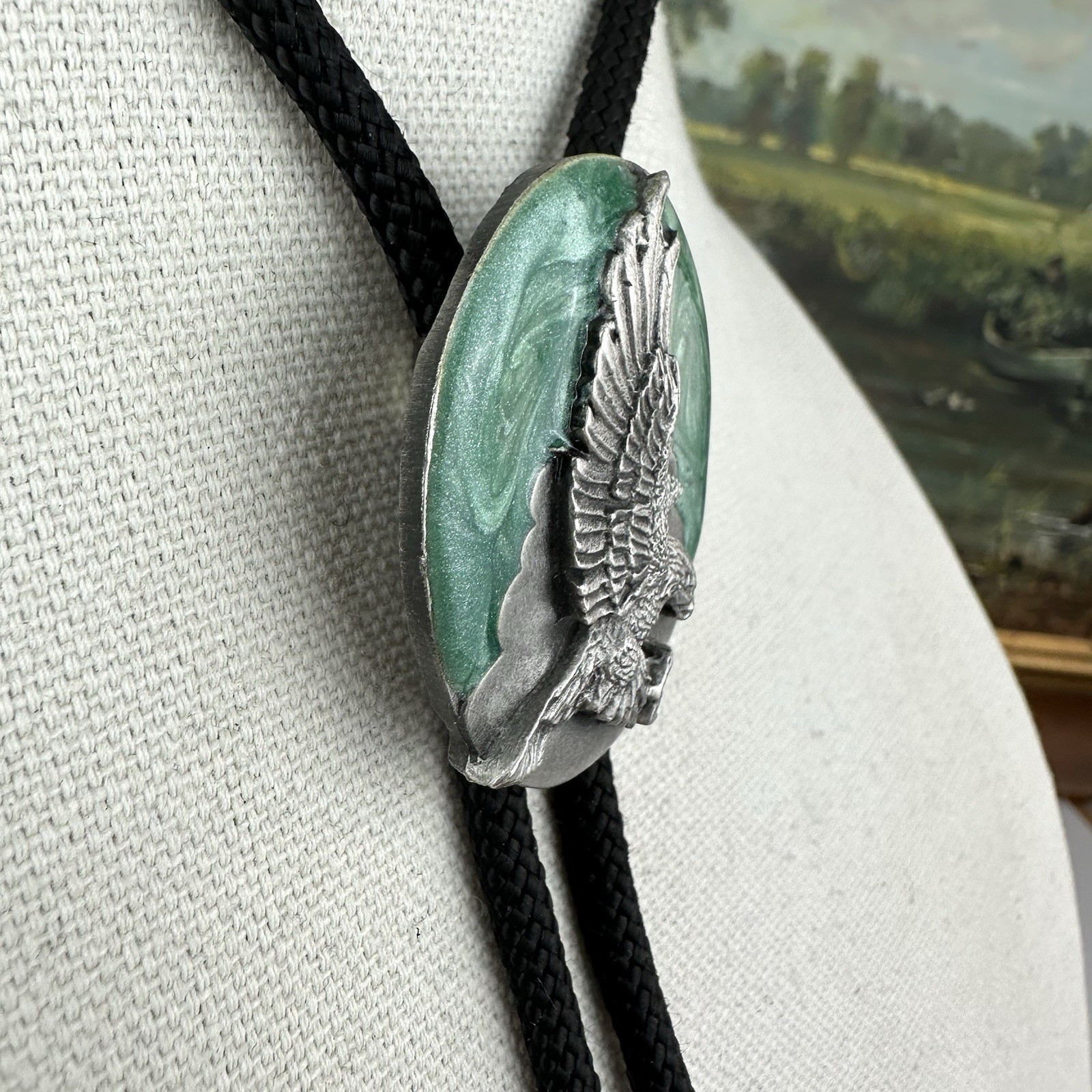 Vintage 80s Siskiyou Silver Pewter Enamel -Soaring Eagle- Western Bole Tie