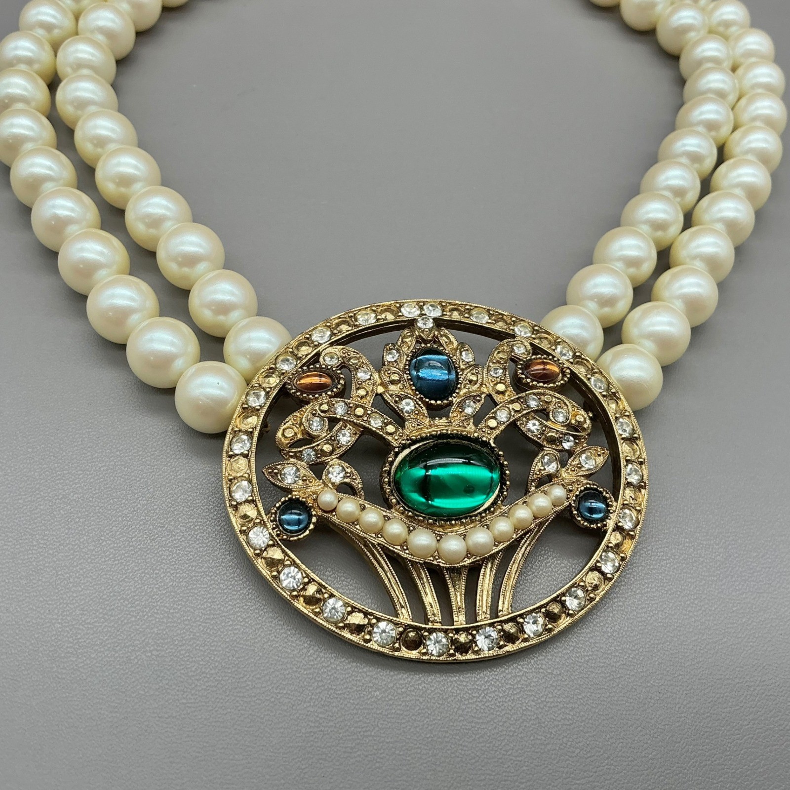 Richelieu Jewelry Set Women Cream Faux Pearl Cabochon Rhinestone Vintage 16 Inch