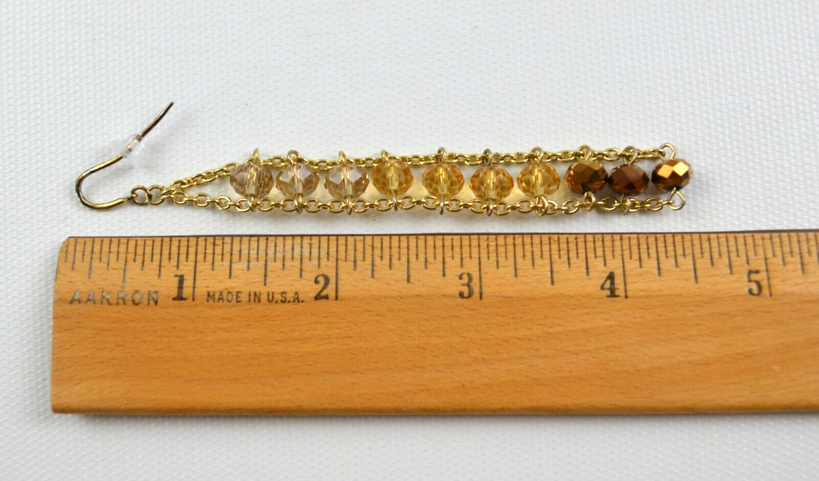 Gold Tone Dangle Pierced Hook Earrings Row of Gold Color Faceted Beads 4.5″