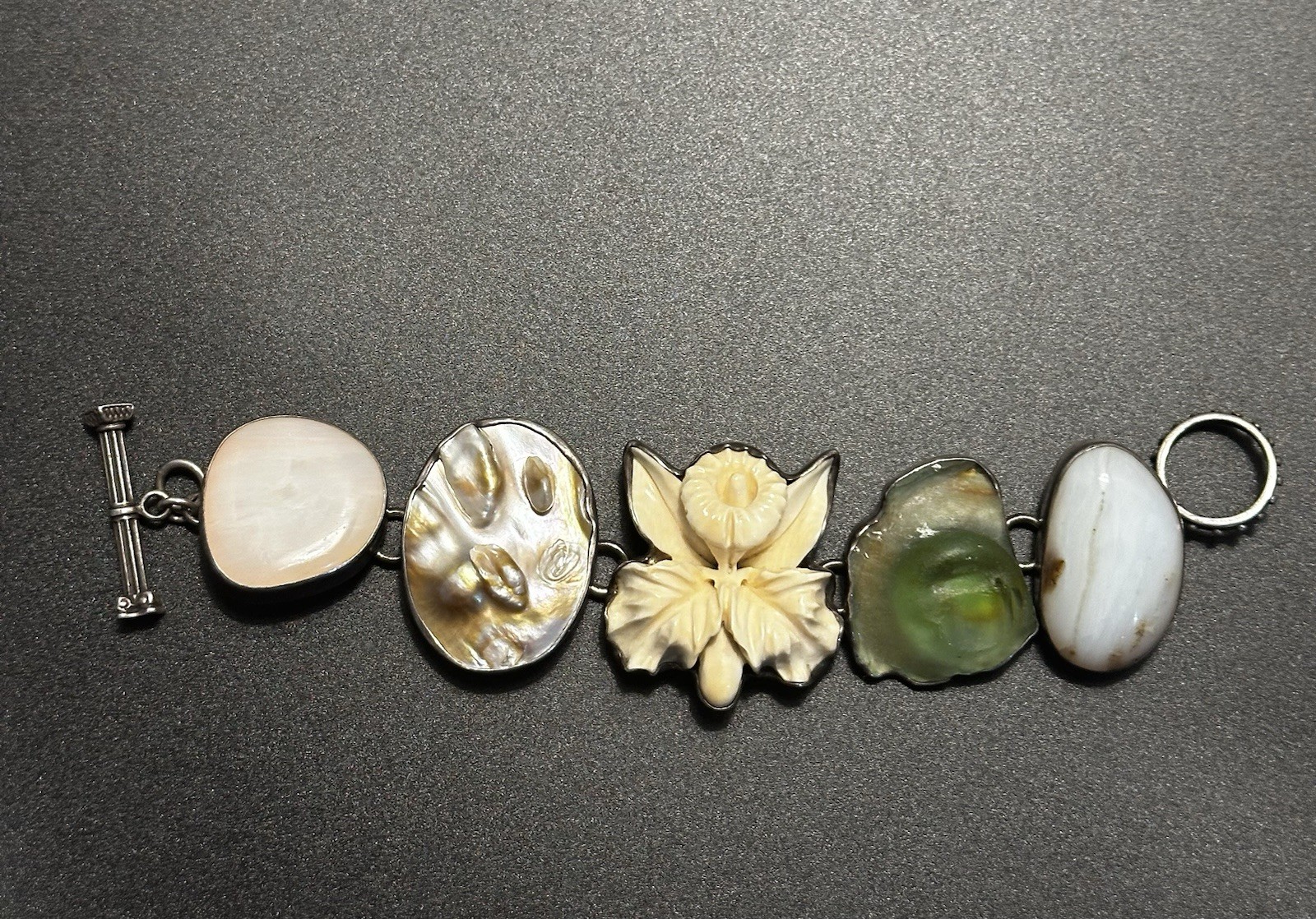 Rebecca Collins Sterling Silver Chunky Bracelet Large Stones, Pearl, Flower 8″