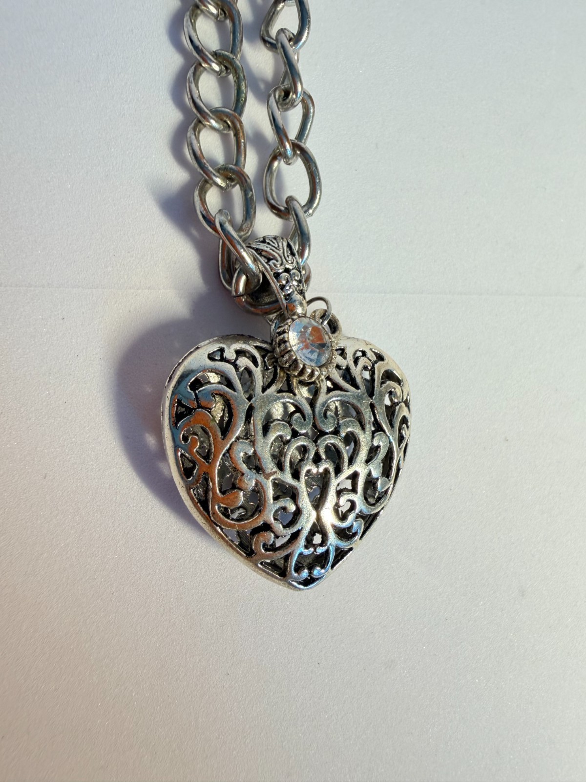 Vintage Antique Silver Tone Filigree Openwork Puff Heart Rhinestone Necklace