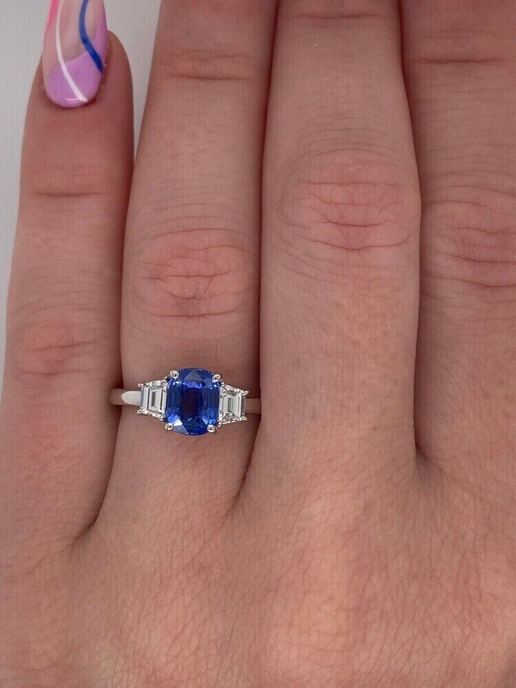 Cushion Cut Sapphire & Lab Created Diamond Three-Stone Wedding 925 Silver Ring