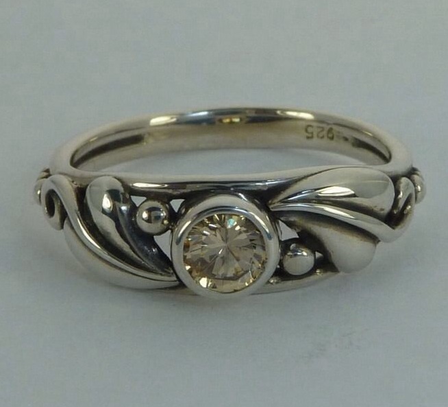 Vintage Sterling Ring, Champaign CZ Flowing Leaf Work, Konder #539