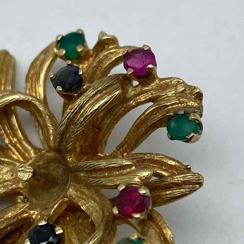 Vintage 13K Yellow Gold Ruby Sapphire Emerald Floral Brooch Pin Tested 1″ 7.6g