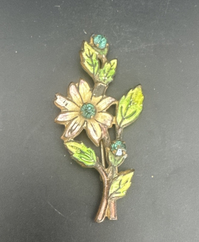 Vintage Floral Enamel and Rhinestone Brooch/Pin Approximately 2” Tall