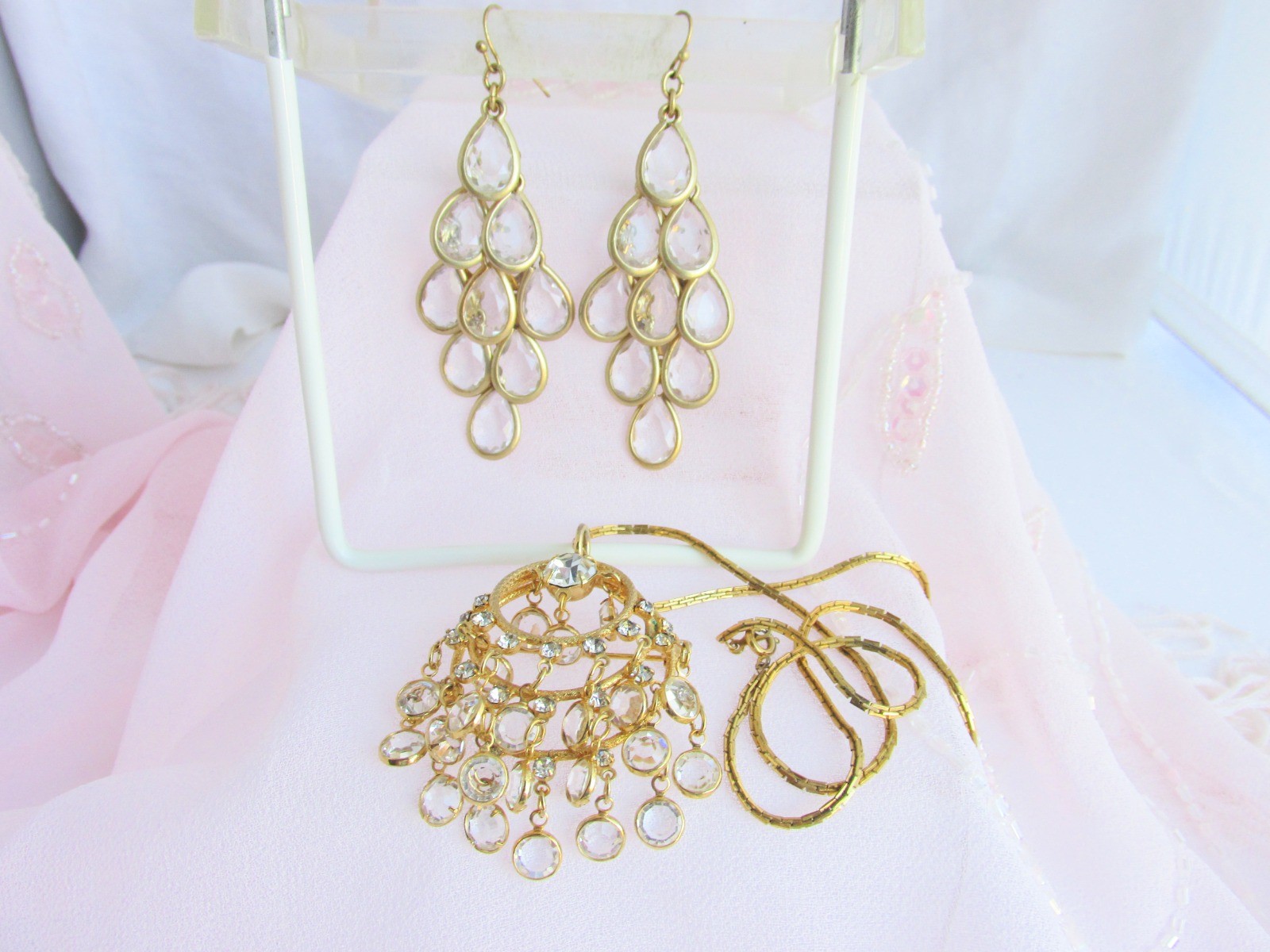 Lia Sophia Kiam Collection “Crystal Chandelier” Matte GoldTone Earrings +Pendant