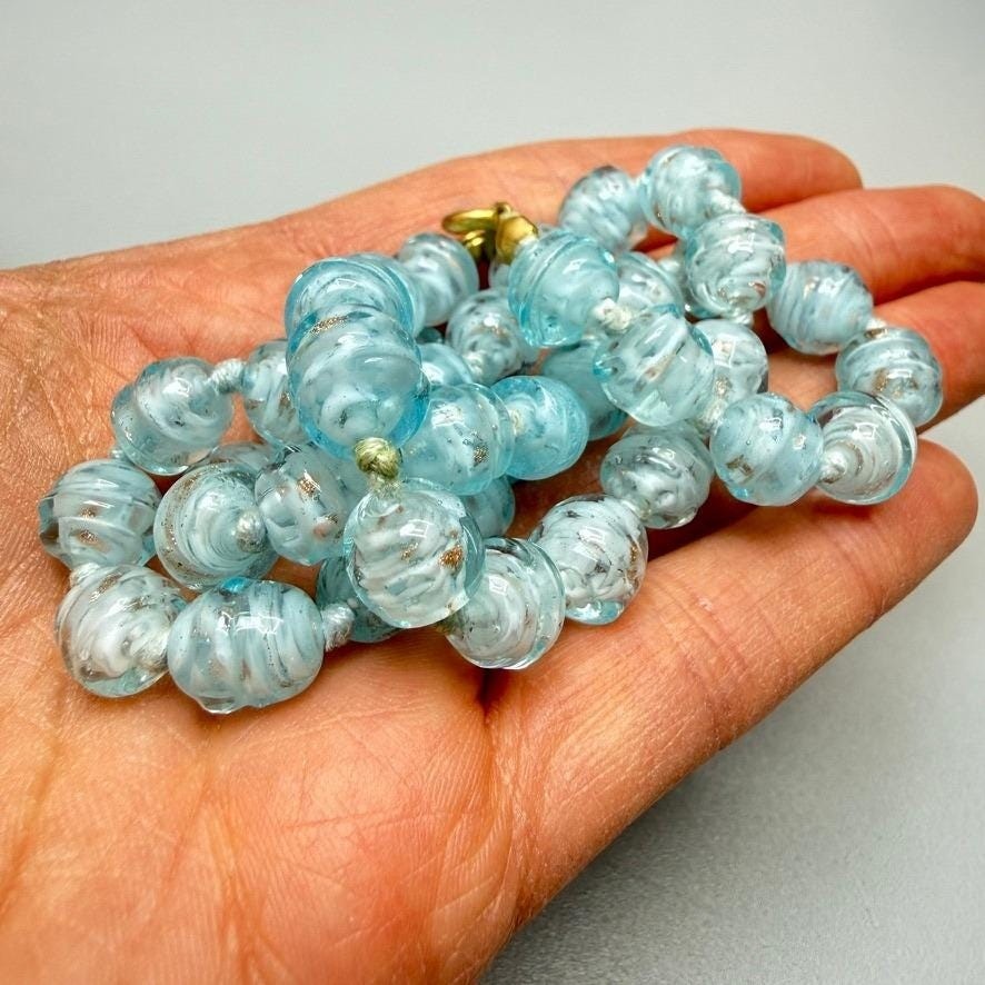 VTG Light Blue Venetian Glass Bead Necklace 16″ Gold Flecks Aventurine Choker