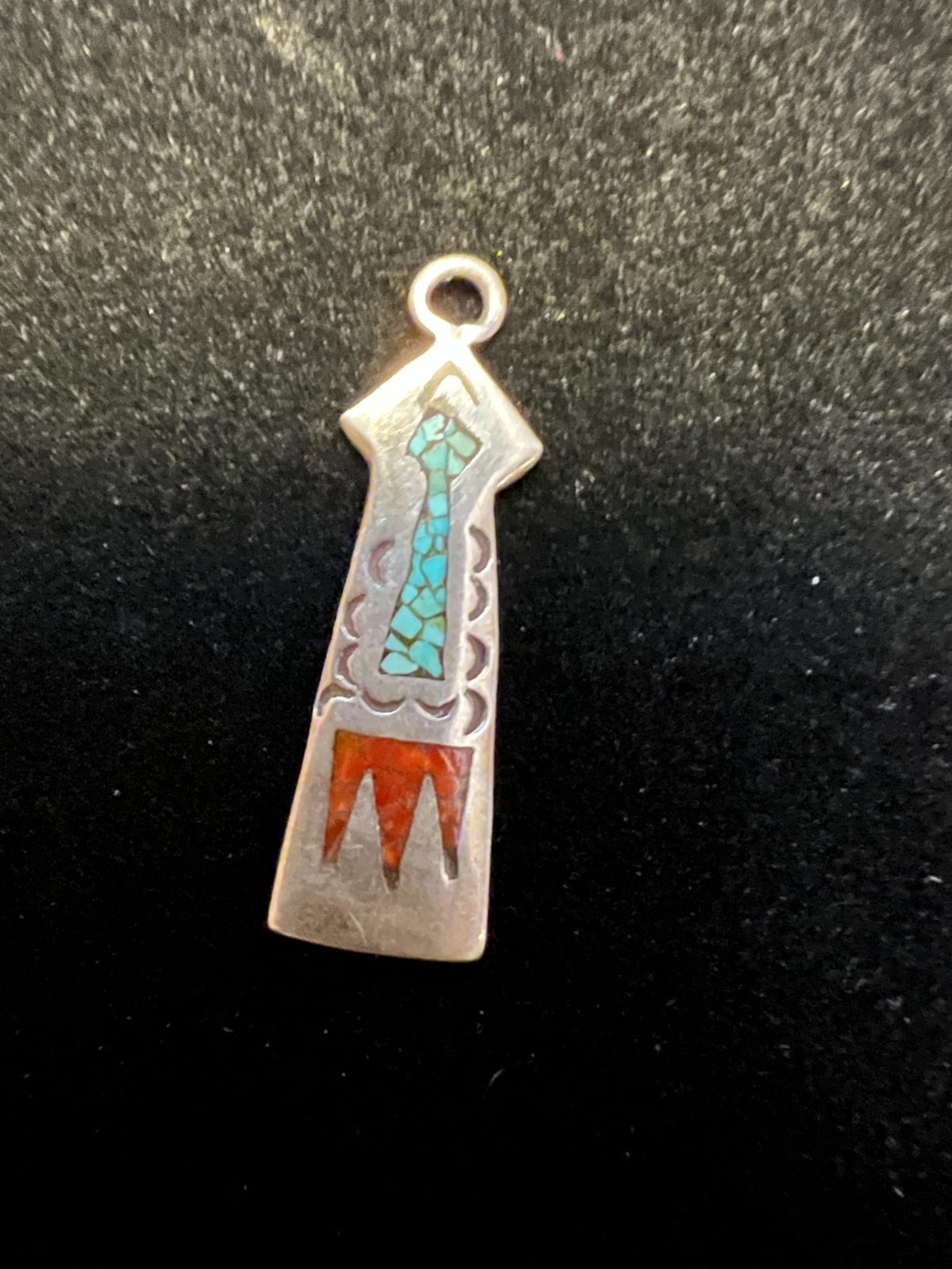Native American-style pendant with turquoise and coral chip inlay RR SD marking