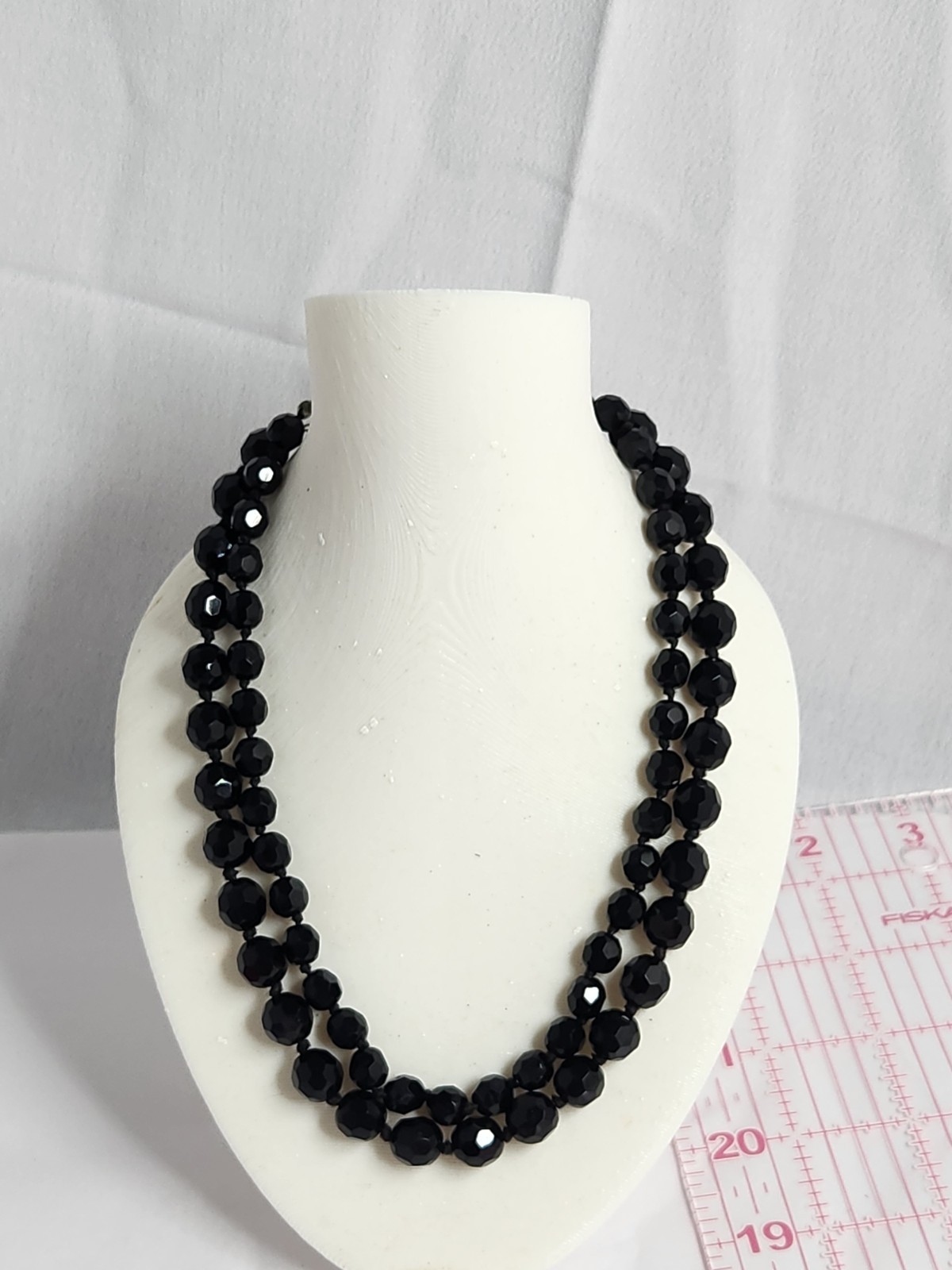 Vintage Double Strand Jet Black Made In Austria Faceted Crystal Beaded Necklace