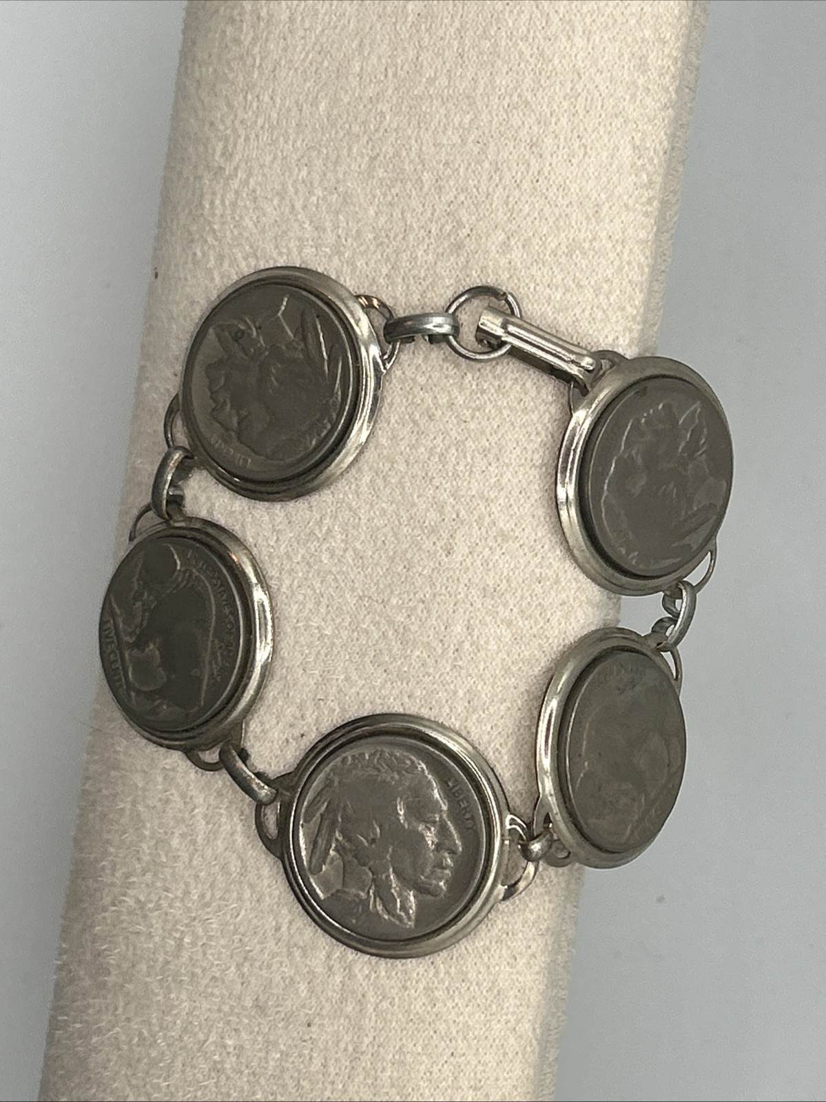 Vintage Indian Head Buffalo Nickel Coin Link Bracelet Silver Tone USA