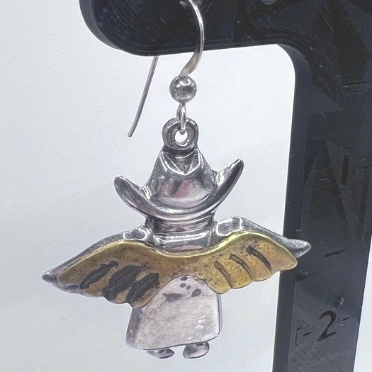 Vtg Sterling Silver Mexico Cowboy Angel Dangle Earrings Two Tone Wings Hat