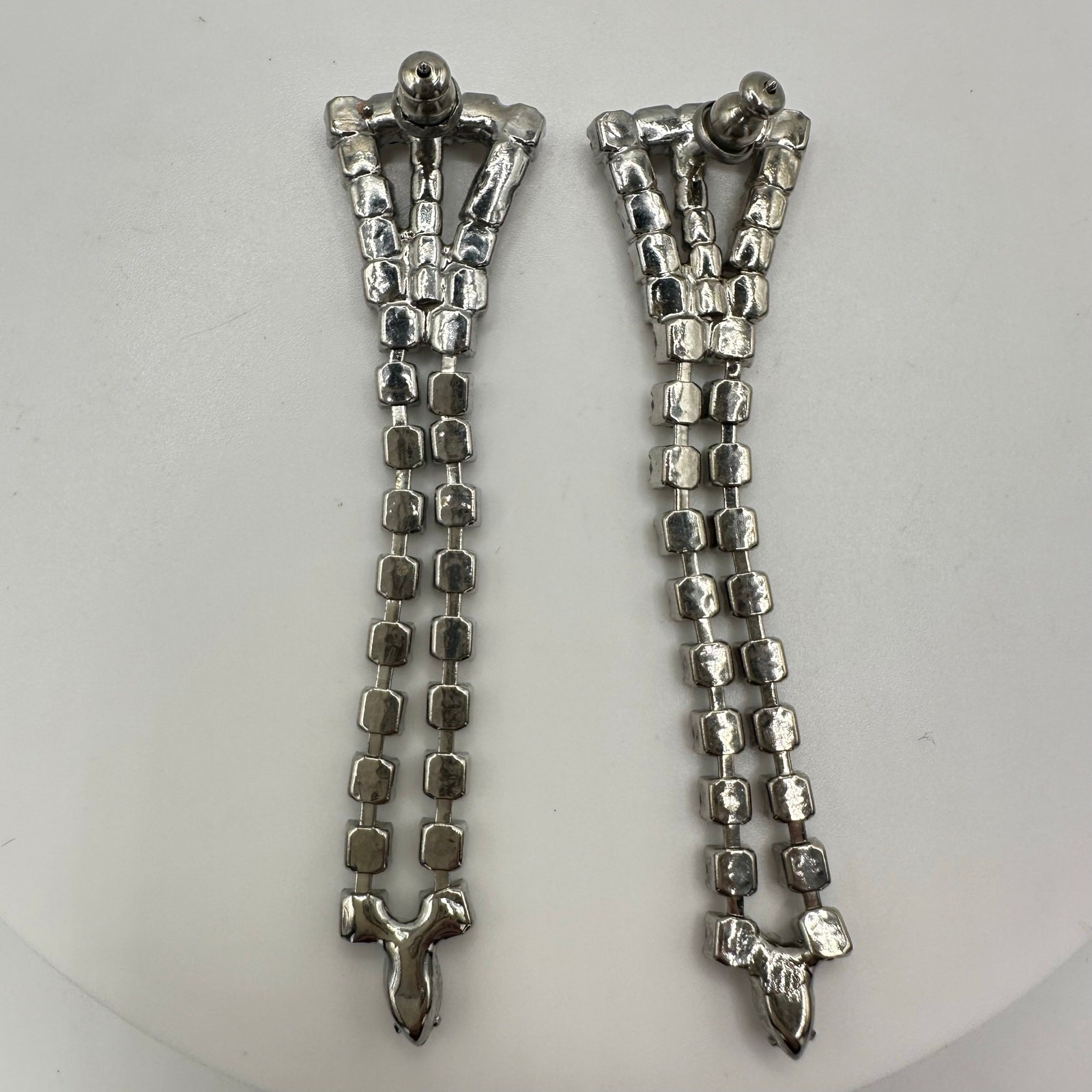 1950s 1960s vintage silver tone clear rhinestones fringe drop post earrings